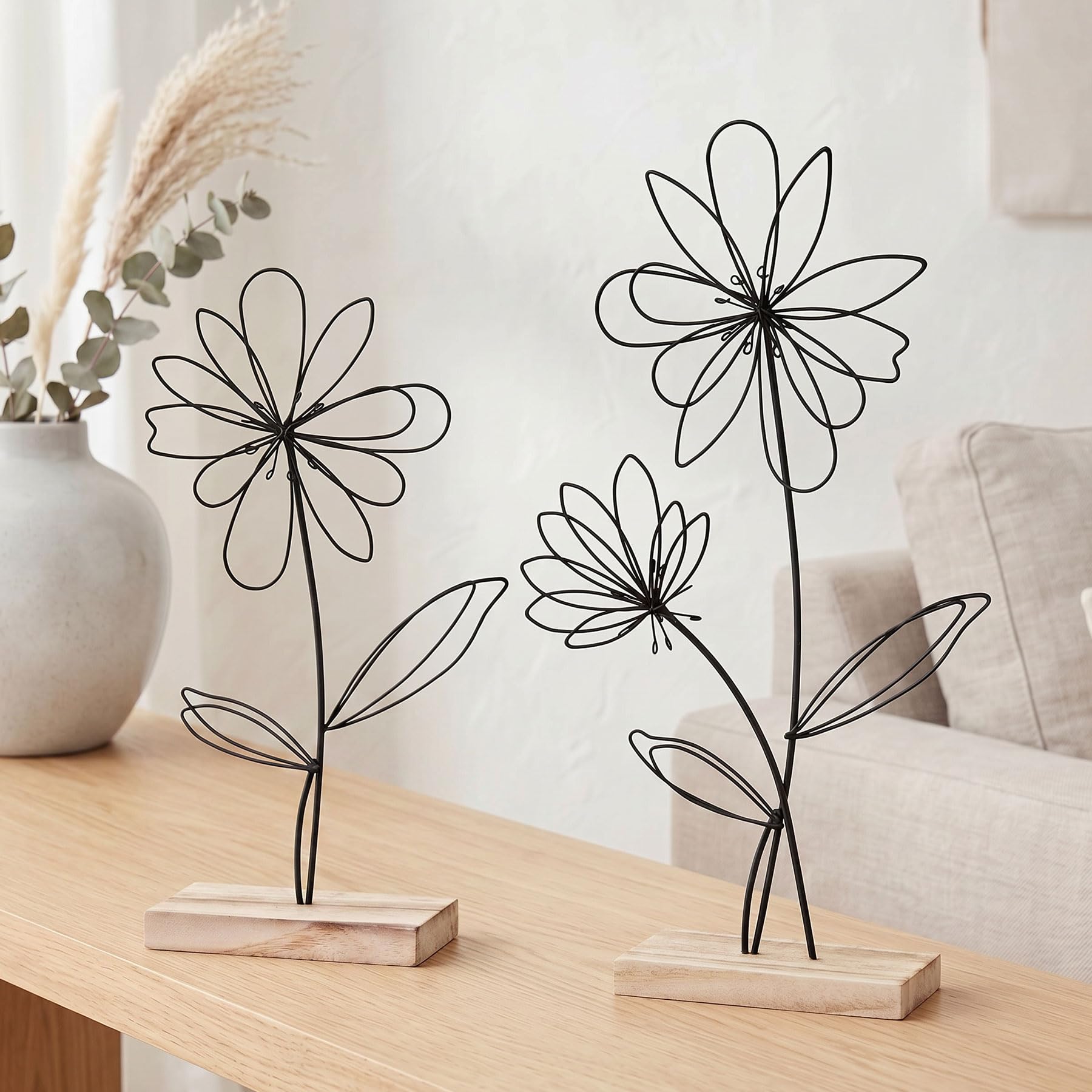 levandeo 2er Set Deko Aufsteller Draht Blume Metall Holz Schwarz Natur Deko Tischdeko Frühling Figur Wohndeko