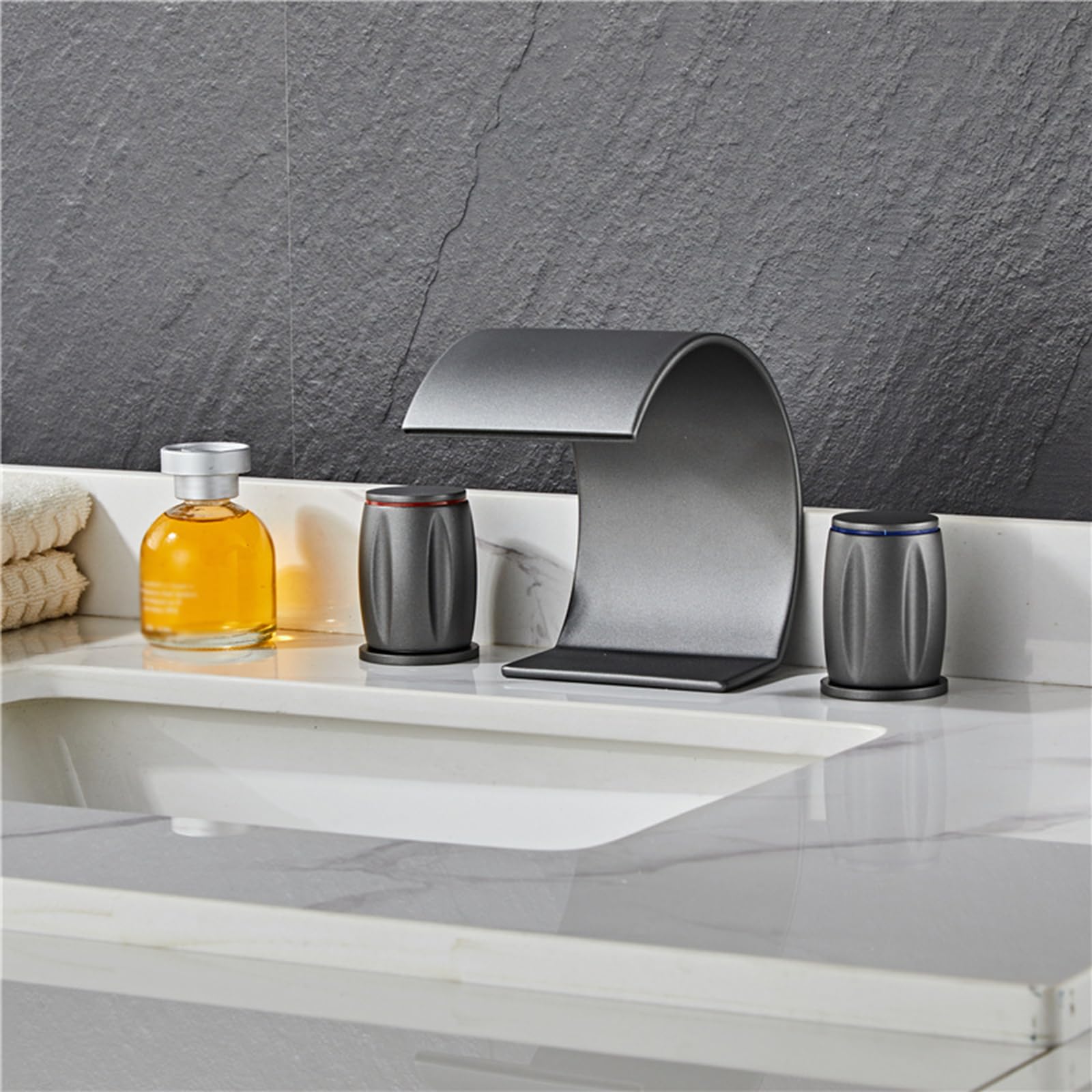 FQWNCIEG Waterfall Basin Mixer Tap 3 Hole Thin Mouth Bathroom Taps Mixer Hot and Cold Wash Hand Basin Taps,Grey