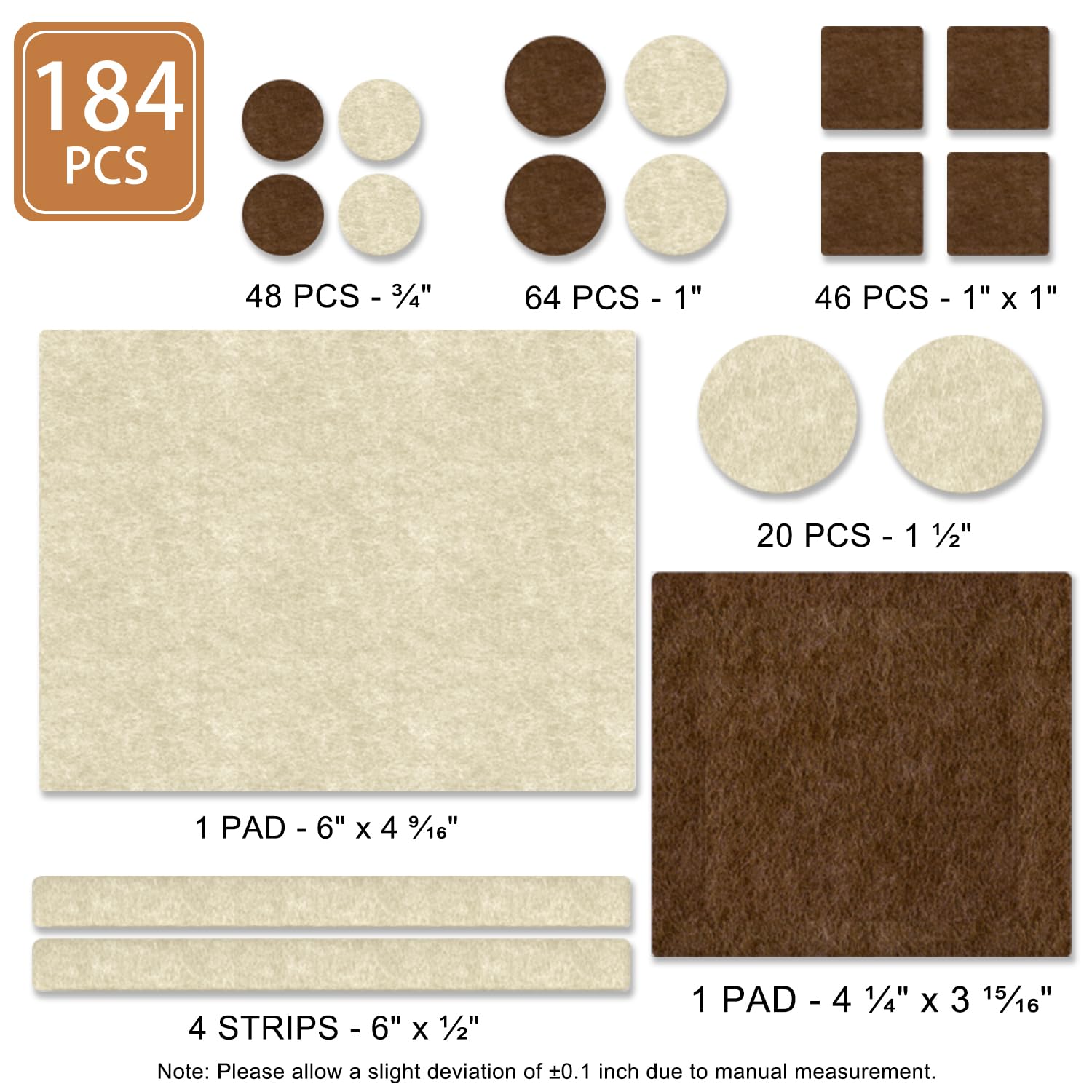 Condition photo showing New/Like New for 184 PCS Felt Furniture Pads, Chair Leg Floor Protectors, Furniture Sliders for Hardwood Floors, Cabinet Bumpers, Anti Scratch, Reduce Noise(Brown & Beige)
