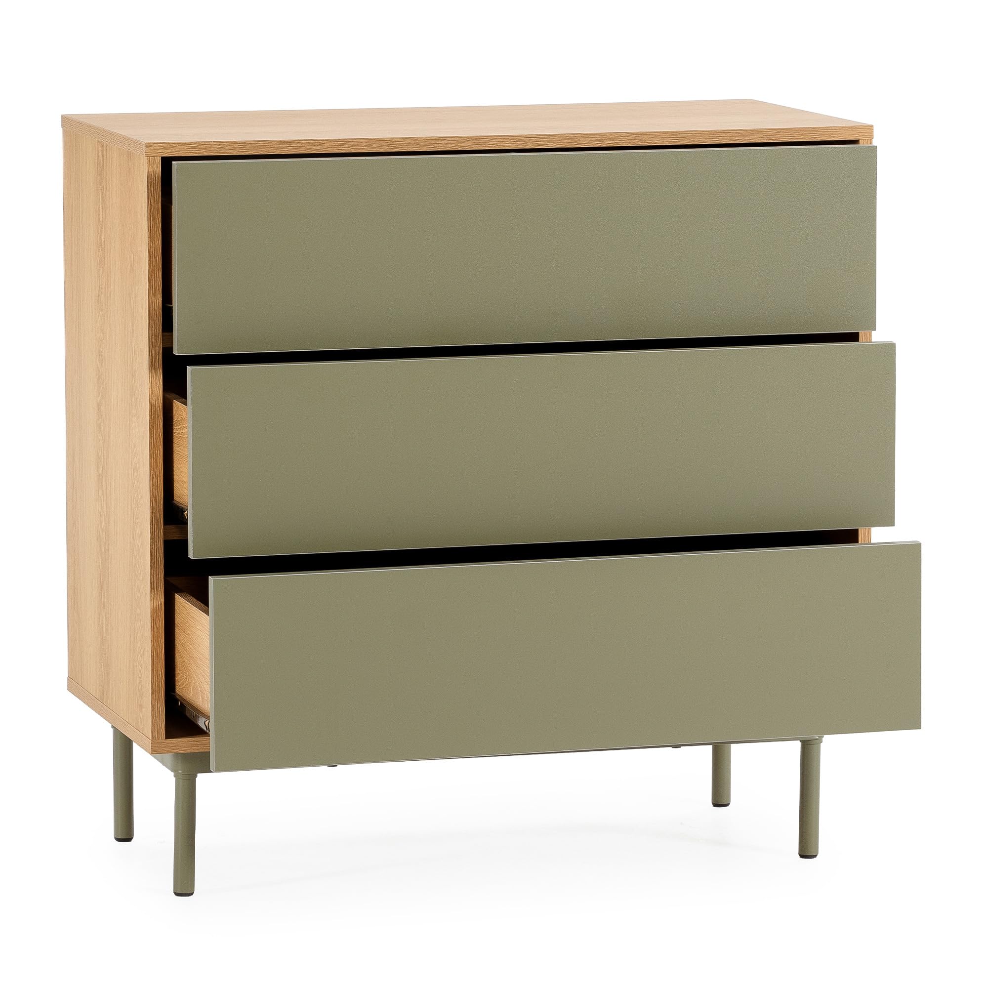 HOMN LIVING Cómoda de Noche Cuzco 3 cajones Color Roble/Verde, 80 cm (Ancho) 40 cm (Profundo) 80 cm (Altura)