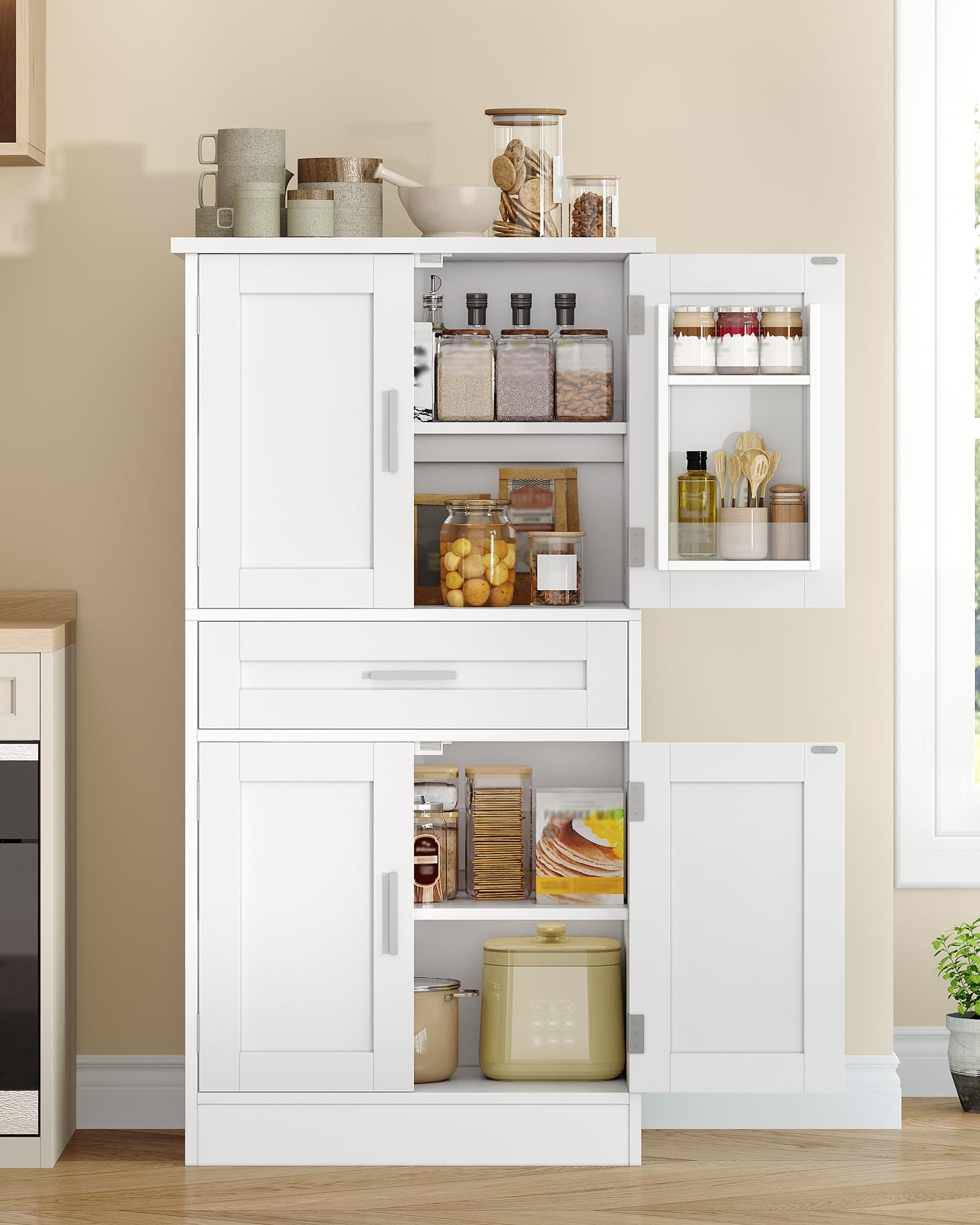 Hzuaneri Alacena de Cocina, 120 cm Aparador Comedor, 4 Puertas, 1 Cajón Grande, Estante de Almacenamiento Detrás de La Puerta, Armarios Altos de Cocina, Moderno, 40 x 60 x 120 cm, Blanco PT20003X
