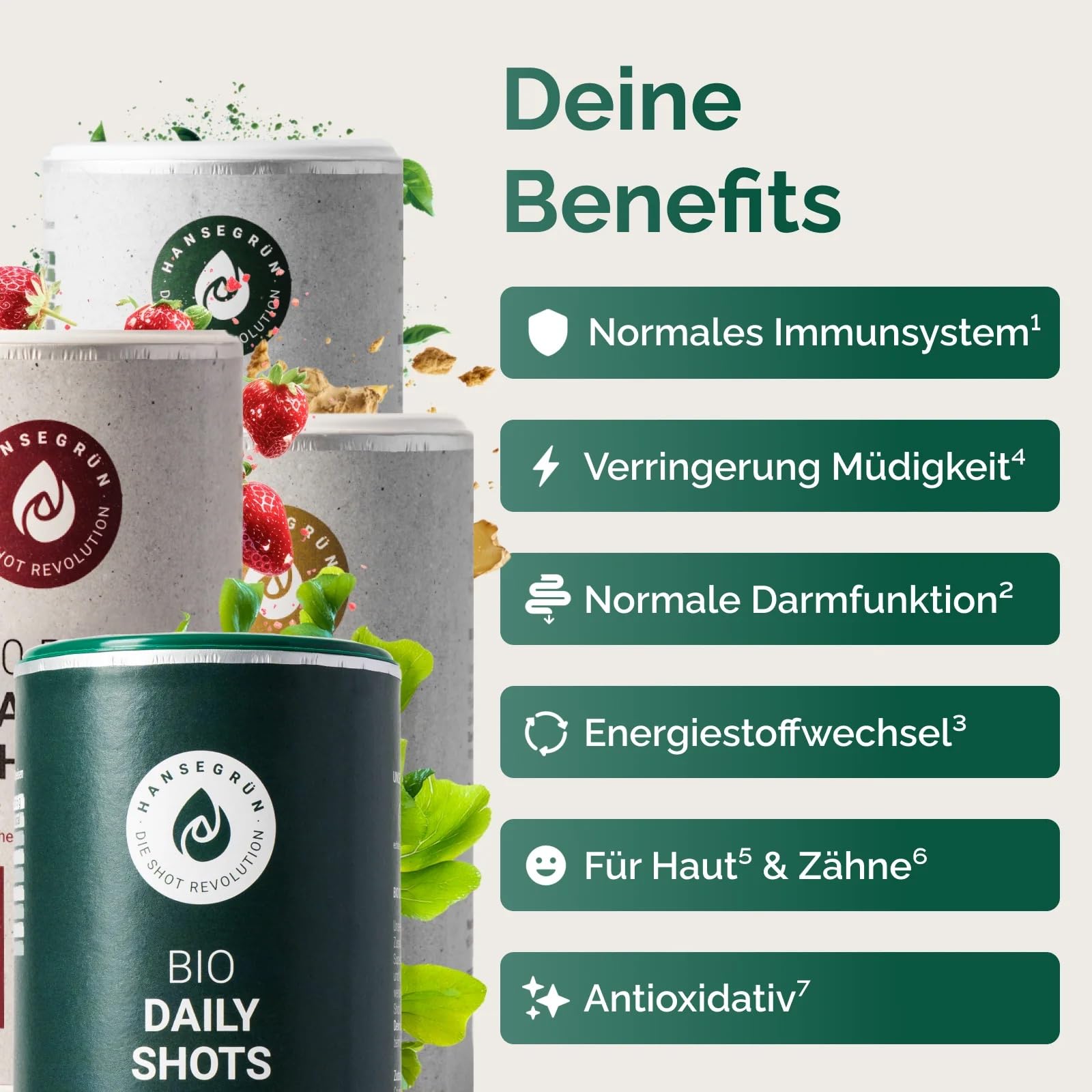 Mittleres Routineset - Ingwer Shots (60 Stk.), Grüne Shots (50 Stk.), Guarana Shots (40 Stk.), Daily Shot (120 Stk.) - Immunsystem¹, Darmfunktion², & Anti-Müdigkeit⁴ - 100% echte Zutaten