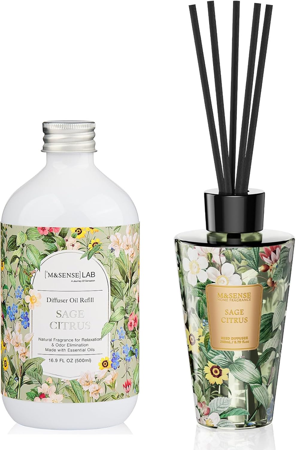 M&SENSE Sage Citrus 2-Piece Bundle: 8.79oz Diffuser + 16.9oz Refill with Sticks, Natural Home Fragrance