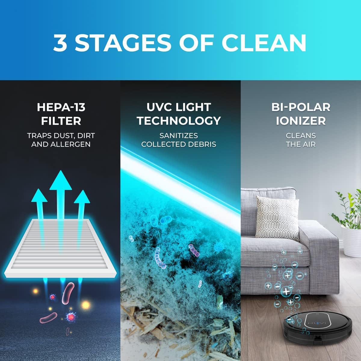 Top Rated Kalorik HUVI Robot Vacuum – Cleans Multi-Surface Floors & Air, Disinfects & Sanitizes with Aroma Diffuser, Powerful Pet Hair Pickup, HEPA13 Filter for Allergy Relief, Smart Navi, WiFi, Alexa & Google