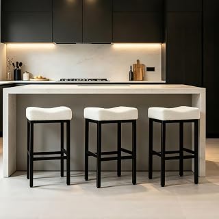 DYHOME White Bar Stools Set of 3,Modern Boucle Backless Saddle Stool,26 inch Counter Height Barstools with Metal Legs, Upholstered Bar Chair for Kitchen Island,Counter
