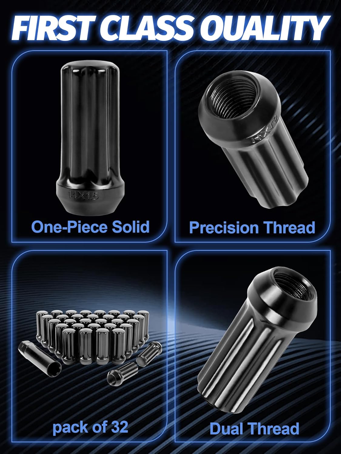 Set of 32, m14x1.5 Lug Nuts XL Spline for Silverado Suburban Express Sierra Ram 2500 3500 F250 F350 8 Lug Aftermarket Wheels Lug Nuts, Conical Bulge Seat, Closed End W/ 1 Socket Key, Black