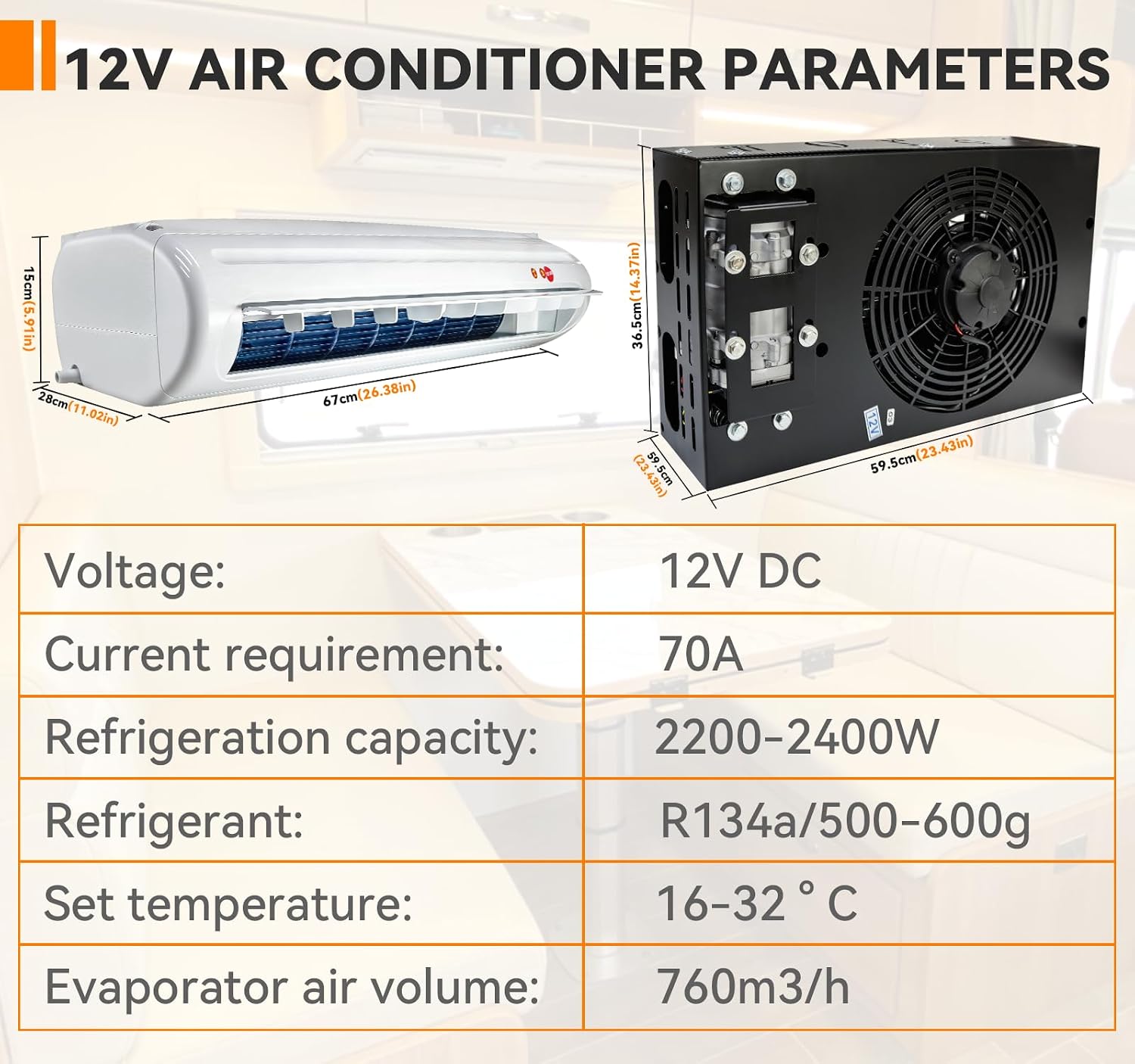 Universal 12V Air Conditioner Hidden Underbody RV Air Conditioner/DC silent air conditioner, suitable for trailers, campers, trucks, vans, RVs, construction vehicles, vans, etc (Model: 680, 12V)