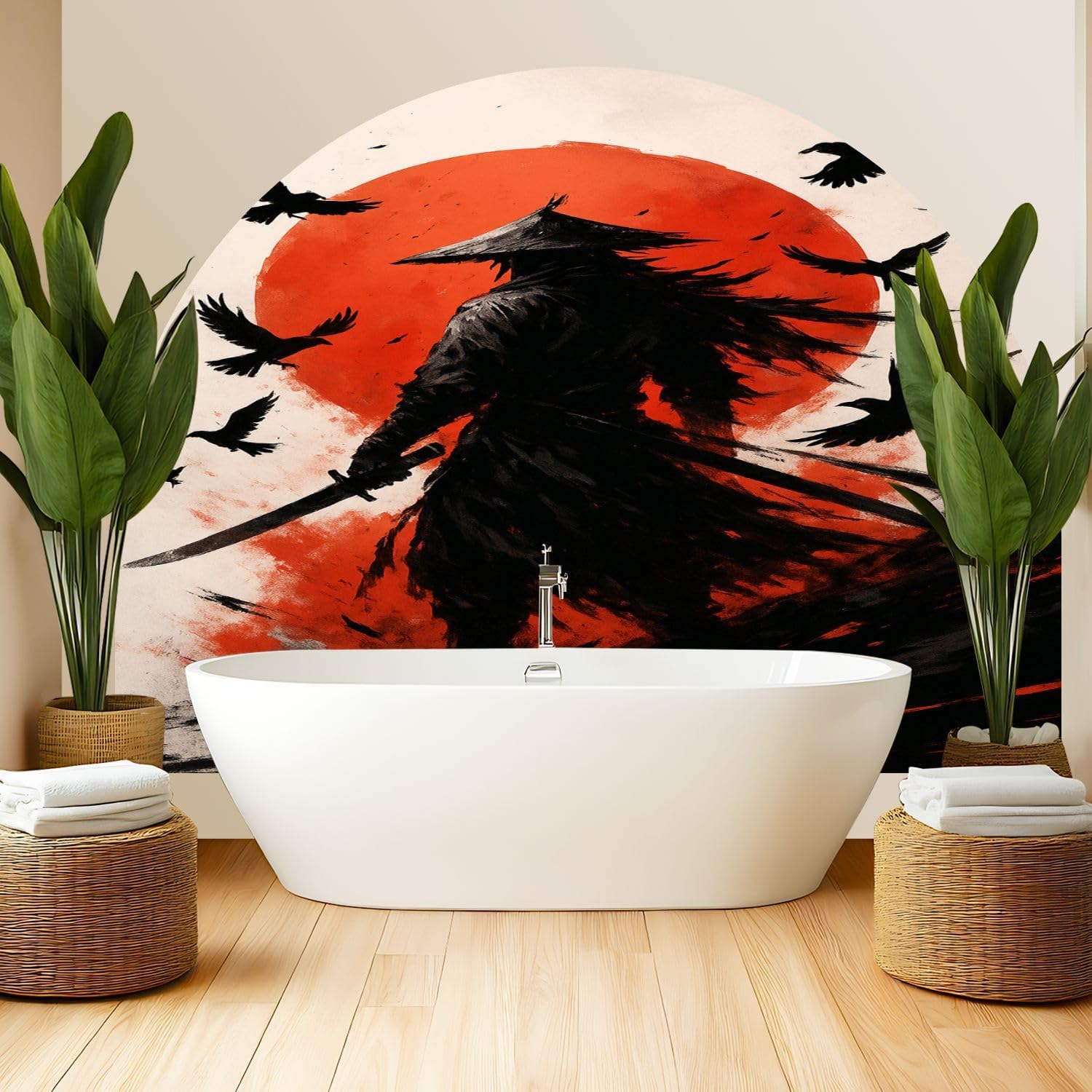 Arch Wall Decals Peel and Stick Dark Warrior Samurai Crows Rising Sun Swords Traditional Hat Mixed Boho Headboard Large Wall Sticker Self Adhesive Removable Mural Decor for Bedroom Nursery 83"x61"