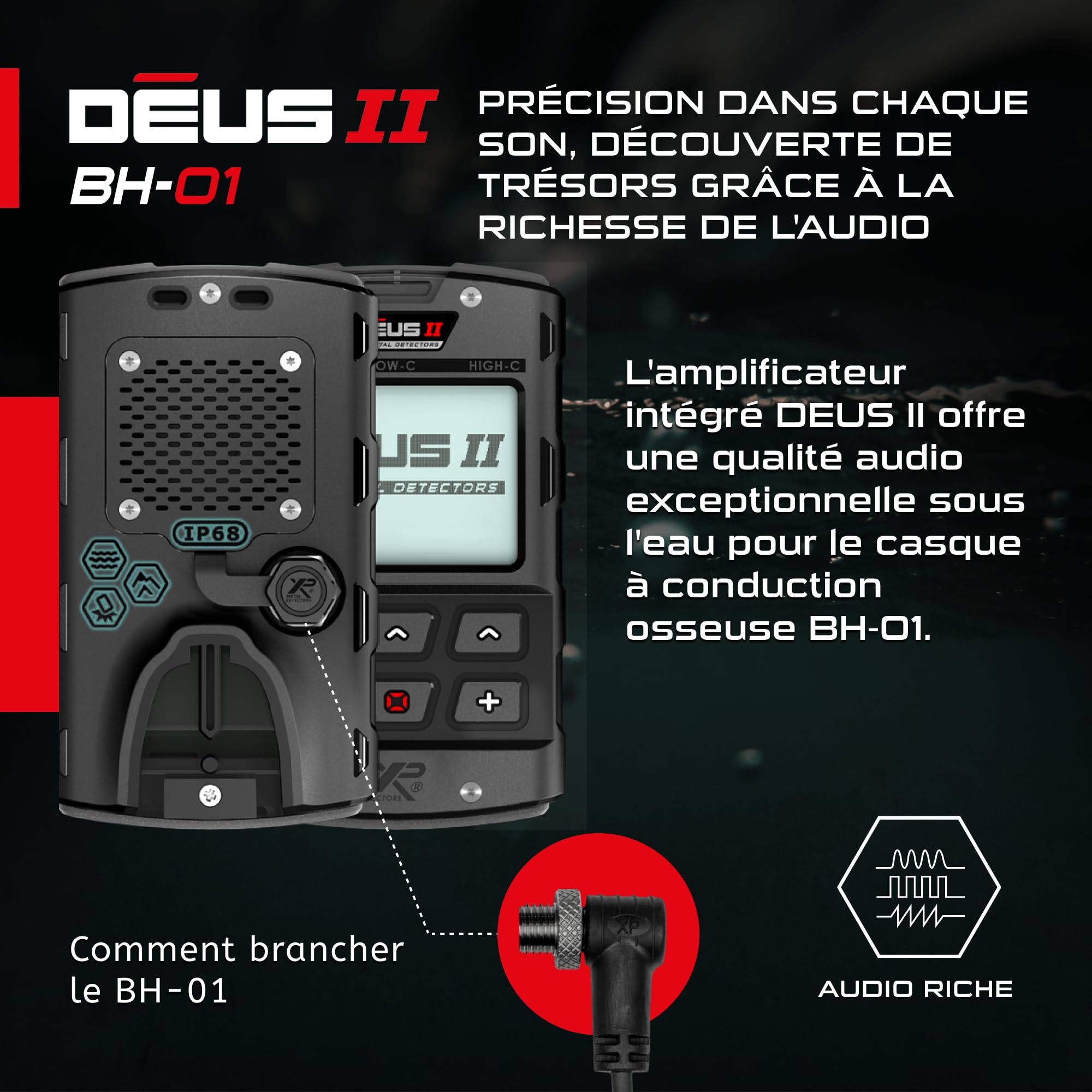 XP METAL DETECTORS BH-01 Casque à Conduction osseuse Filaire IP68 pour Deus II détection métaux sous-marine 20m