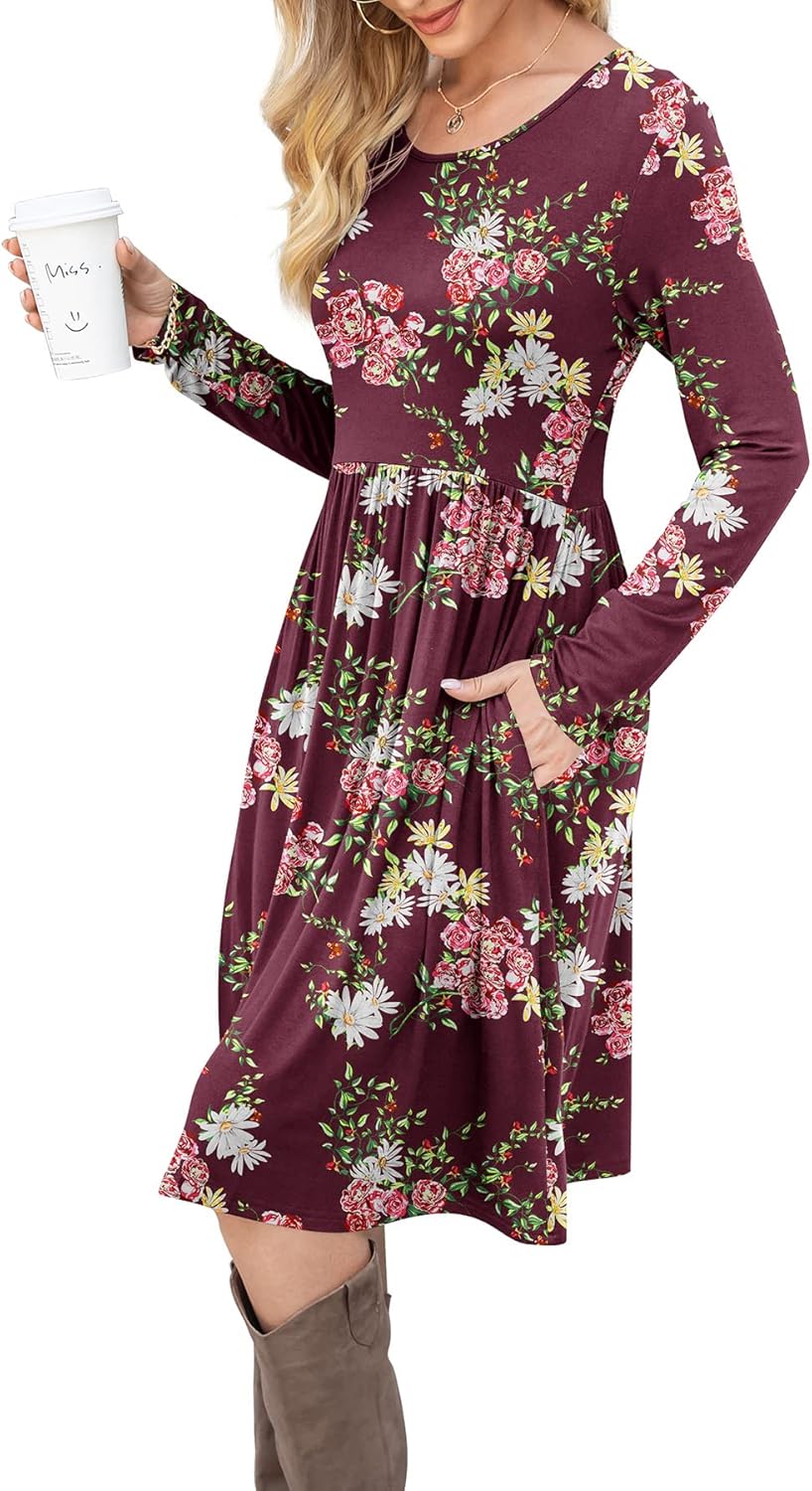 DB MOON Women Casual Long Sleeve Dresses Empire Waist Knee Length Loose Dress with Pockets - Image 4