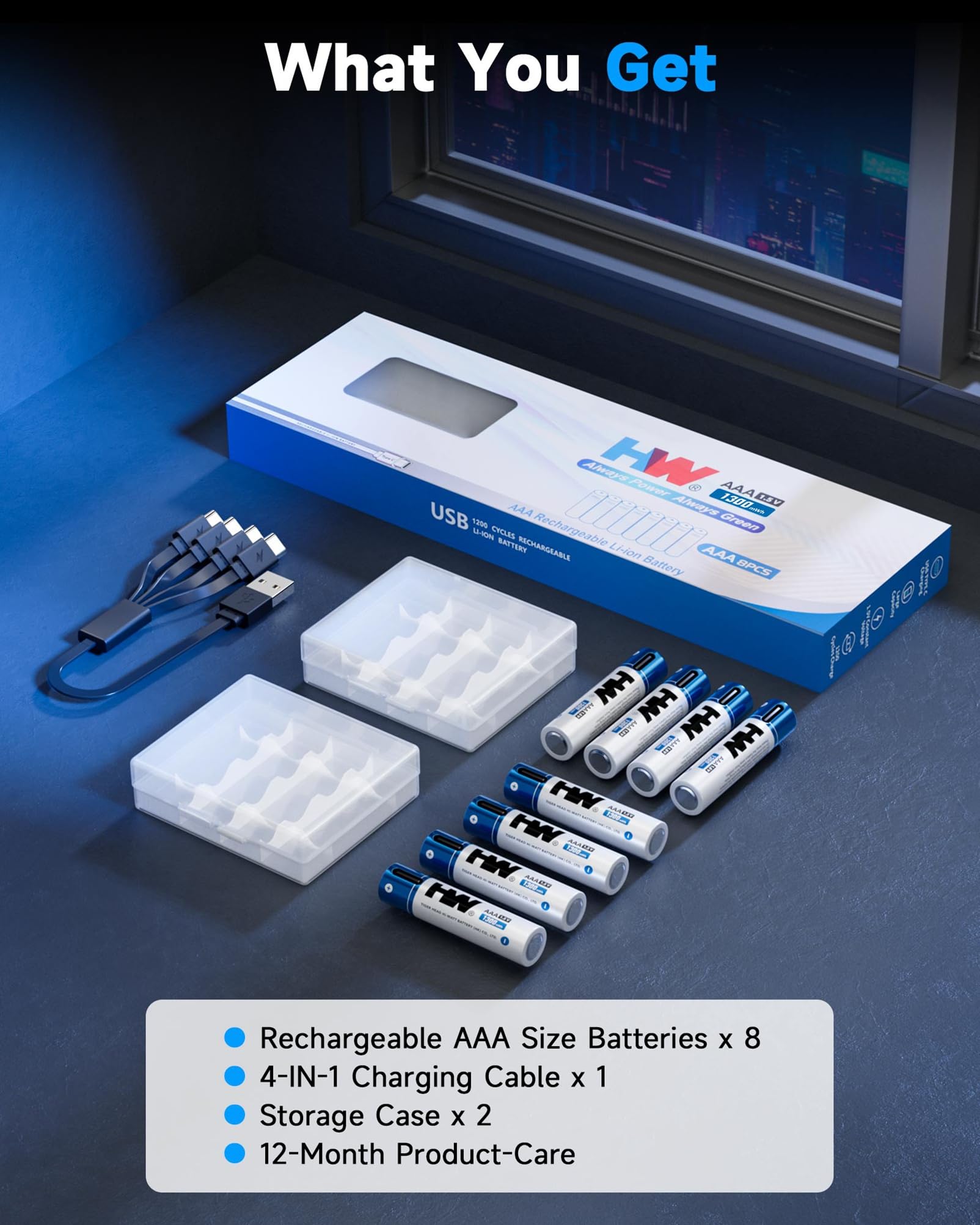 HW Batería de litio recargable AAA, [1,5 V, paquete de 8] Baterías 3A de 1300 mWh con cable USB-C, baterías Triple A de 1600 ciclos para controles remotos, mouse inalámbrico, linternas LED, juguetes