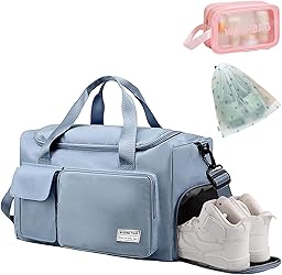 Gym Bag Womens Men with Shoes Compartment and Wet Pocket, Lightweight Foldable Travel Duffel Bag Sport Gym Tote Bags Weekend Overnight Bag for Travel Sports Yoga Outdoor Activities (Blue)