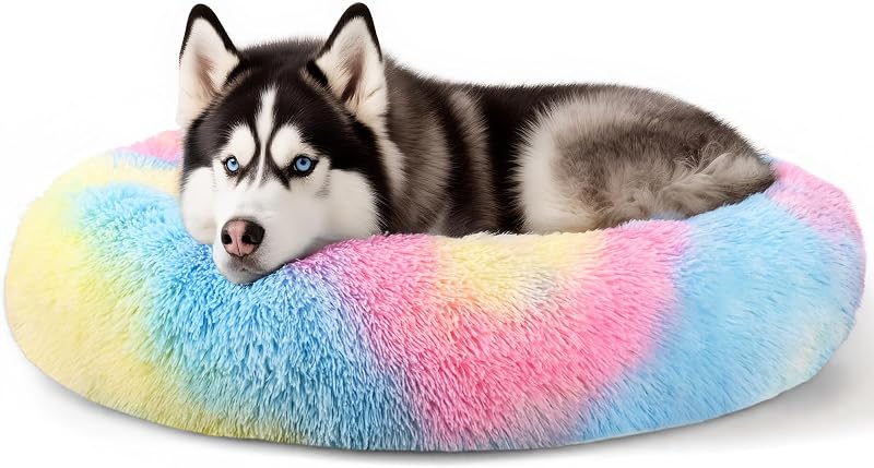 Cama Redonda Extra Grande para Cães com Bordas Elevadas e Base Antiderrapante Hoewina (Rainbow)