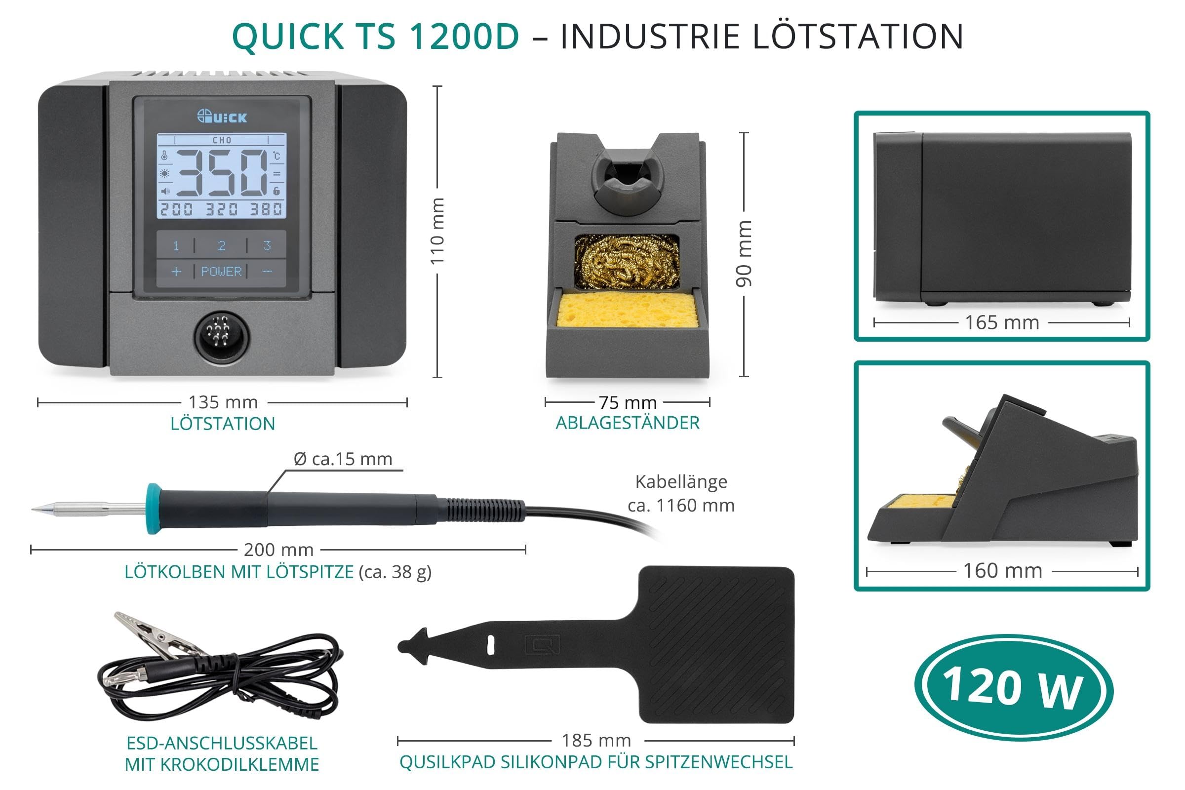 QUICK TS1200D digital regelbare Lötstation ESD 120W 200-420°C professionell sensorgeregelt inkl. 1mm Rapid-Kartuschen-Lötspitze - SMD Lötstation kalibrierbar mit 3 Multi-Temperatur-Speicher