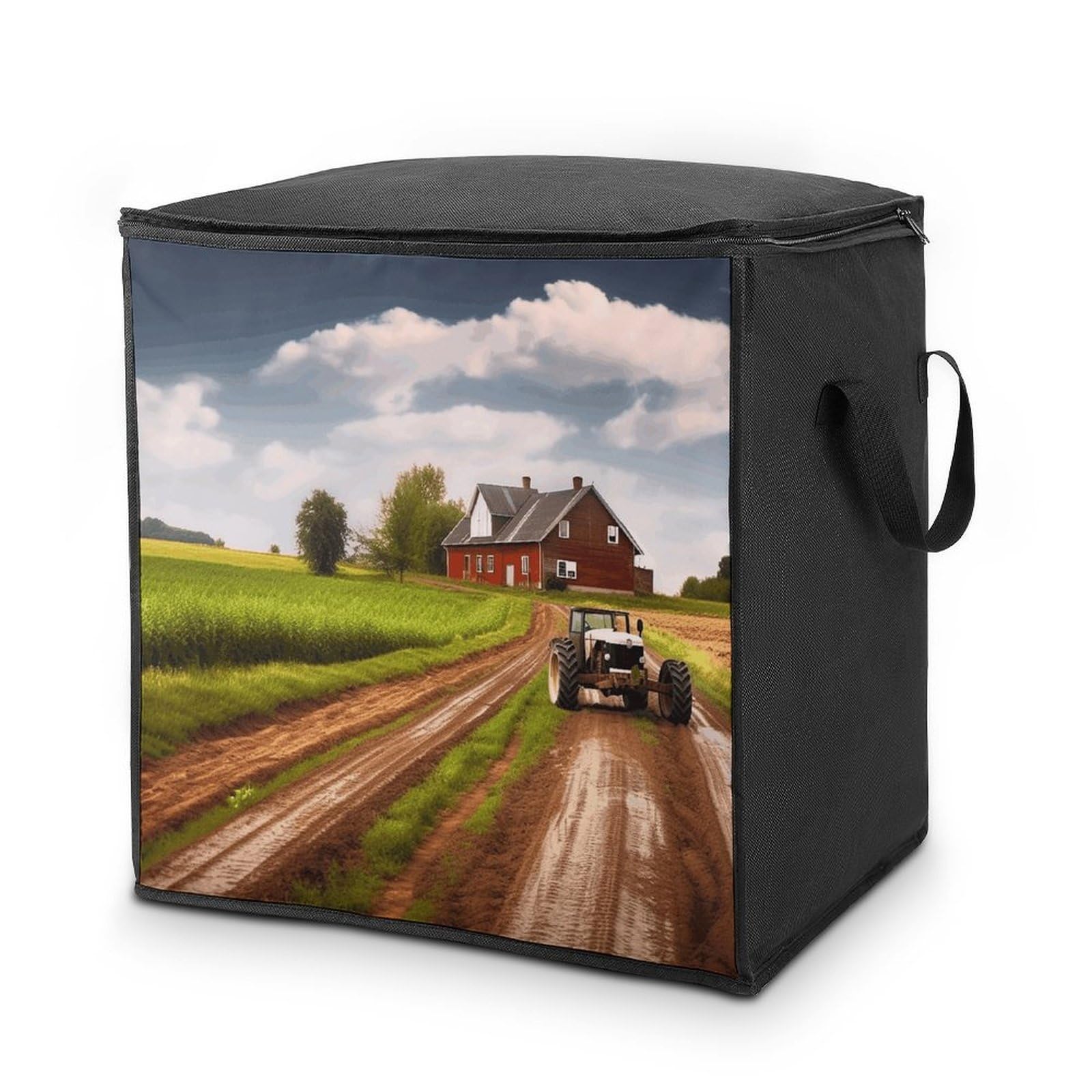 70L Country Road with Farm And Tractor Storage Bag With Zipper Closet Organizers with Handle for Home Storage Organizer for Blankets Quilts Clothes Comforter Bedding And Pillows