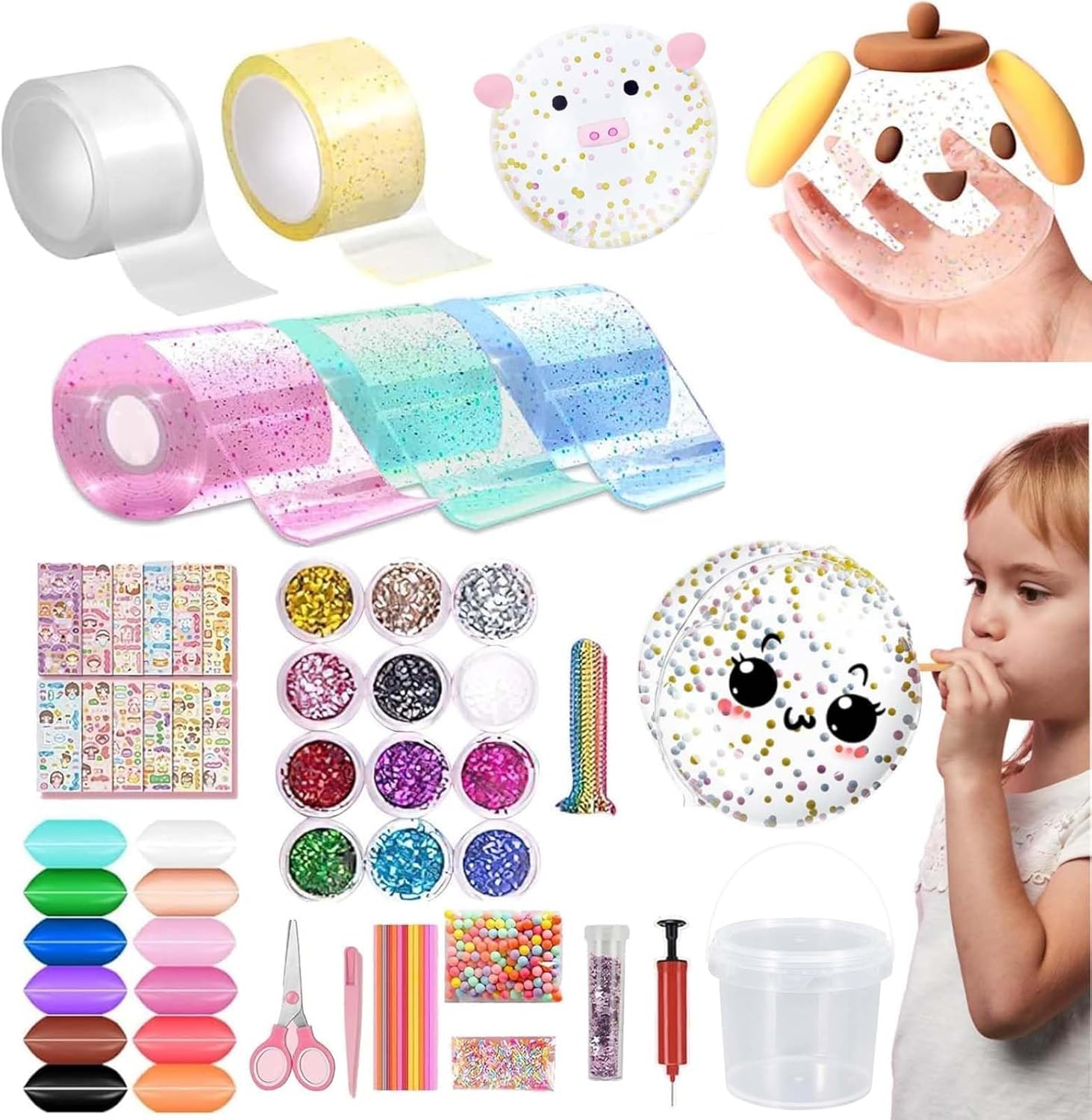 66 PCS Nano Tape Bubbles Set, Blowing Bubble Tape, Creative Craft Toys, Transparent Multi-Purpose Poster Tape, Bubble DIY Craft Kit, Sequins DIY Waterproof Blow Bubble Craft for Adults Children