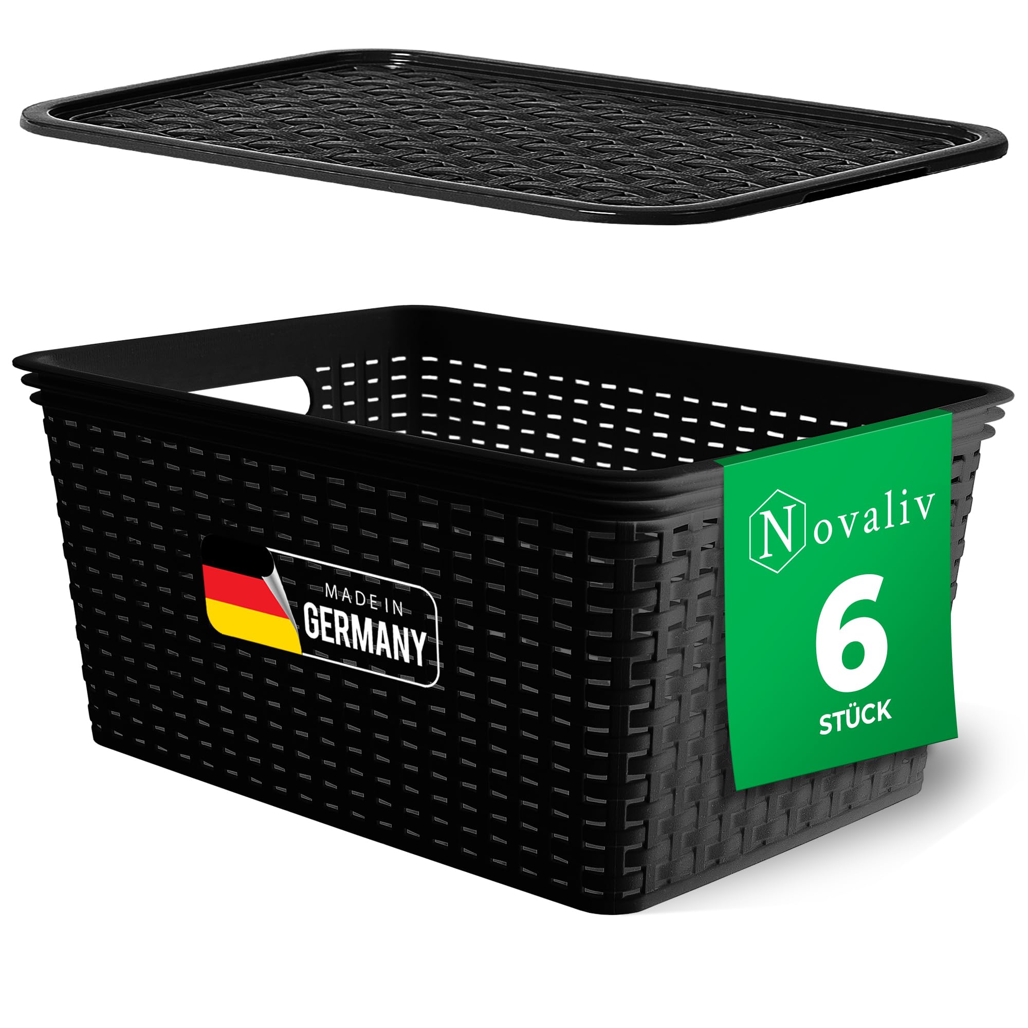 Novaliv 6er Set Aufbewahrungsboxen mit Deckel Groß 14L Korb Schwarz in Rattan Design Lebensmittelecht Aufbewahrungskorb Stapelboxen Nestbar Kunststoff BPA-frei Kiste Verstaubboxen mit Deckel