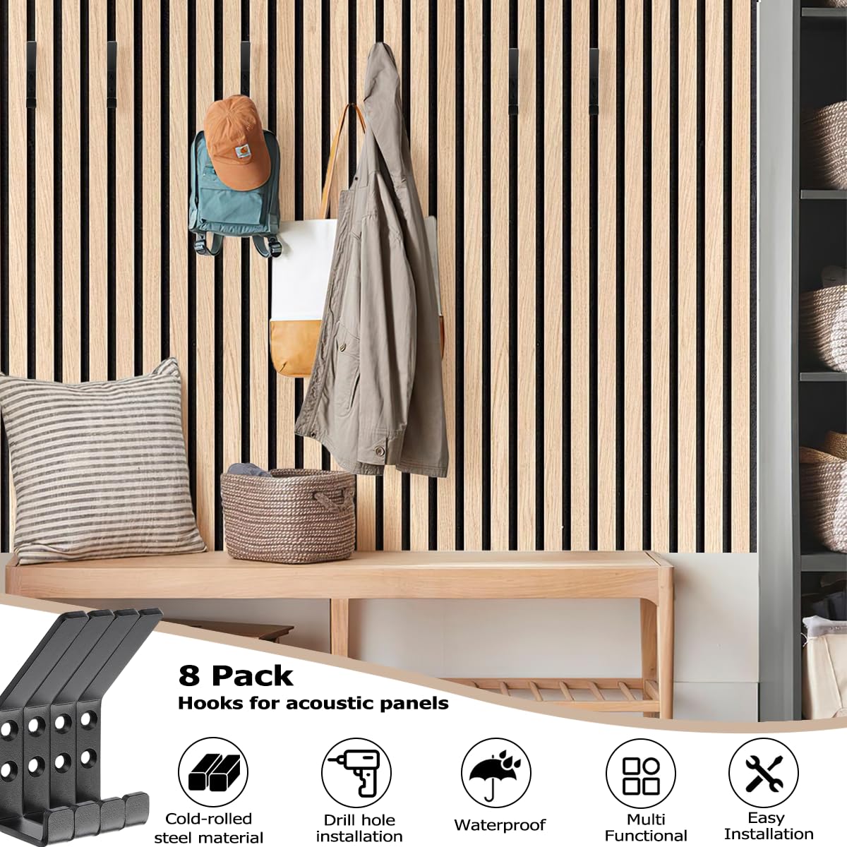 8 Pièces Porte Manteau pour Panneau Acoustique Mural | Double Patere Crochet pour Panneau Mural Bois | Crochet pour Panneaux Acoustiques | Patère Murale pour Panneaux-Acoustiques