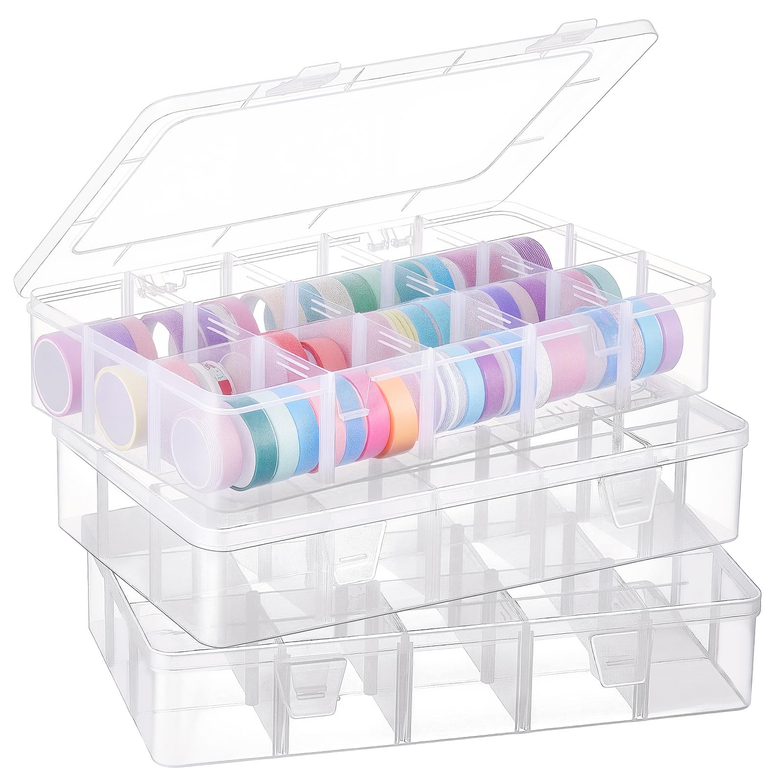 Photo 1 of Leinuosen 3 Pack Clear Washi Tape Organizer Storage 15 Grids Plastic Organizer Box Adjustable Dividers for Jewelry, Washi Tapes, Art DIY Crafts, Beads and Small Parts