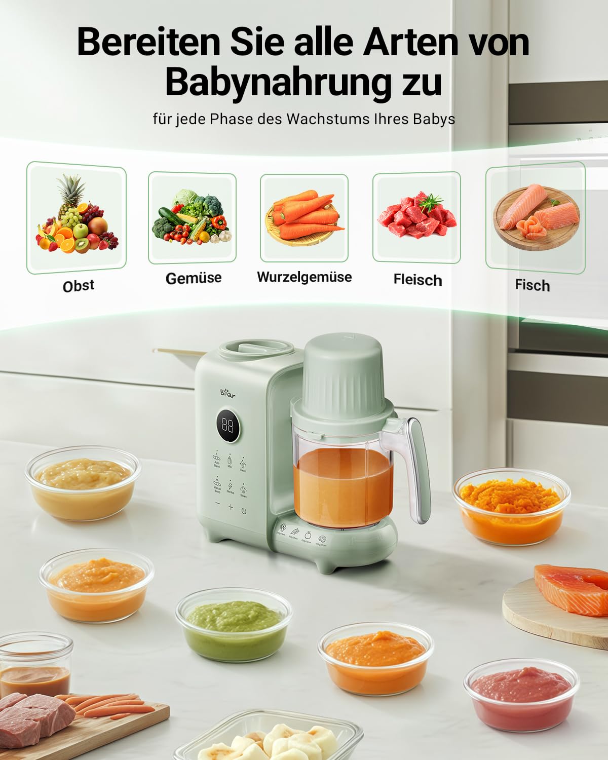 Bear 6-in-1 Dampfgarer mit Mixer Premium Babynahrungszubereiter,Dämpfen, automatisches Rühren, Milcherwärmung, Desinfektion, Selbstreinigungsfunktion, Automatische Reinigungsfunktion, BPA-frei (Grün)