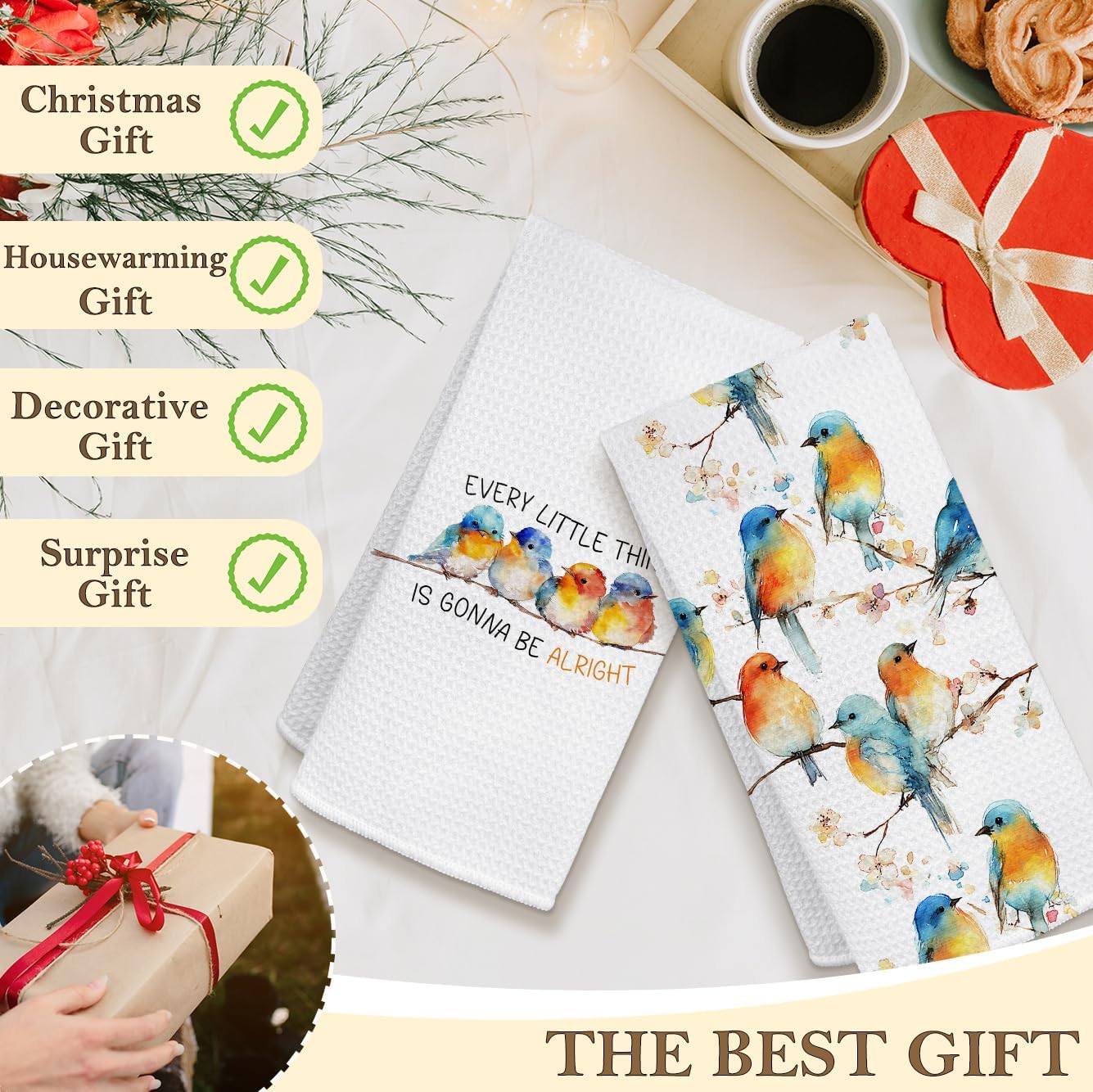 HIWX Inspirational Bird Kitchen Towels, Motivational Decorative Kitchen Dish Towels, Every Little Thing is Gonna Be Alright Hand Towel for Bathroom Decor, Bird Gifts for Women, 16x24 Inches Set of 2