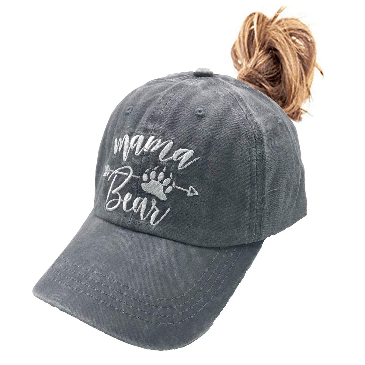 LOKIDVEMama Bear Ponytail Hat Embroidered Messy High Bun Distressed Baseball Cap