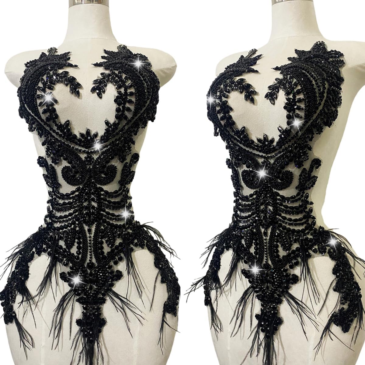 Handsewing Beads Trim Patches Rhinestones Bodice Applique with Ostrich Fur Decoration Shining Dress Clothing Accessories 14X25in (Black)