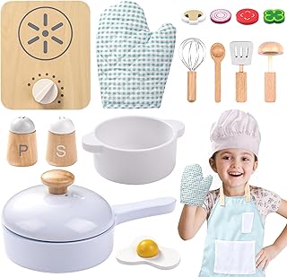 Wood Kids Play Kitchen Accessories Set, Pretend Play Cooking Toys Set, Kitchen Toys Playset for Toddlers, Toy Pots and Pans for Kids Kitchen with Fake Play Food Cookware, Girls Boys Gift