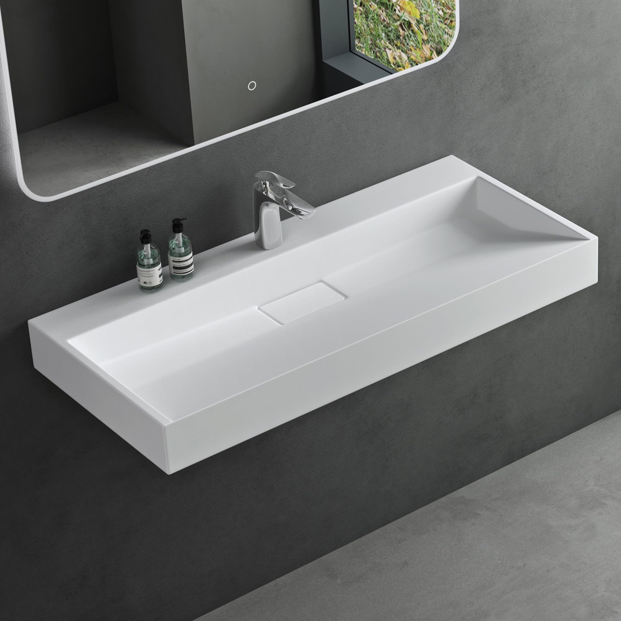 Mai & Mai Bathroom Sink | Rectangular | Matte White | Cast Marble | 100 x 46 x 11 cm | 1 Hole for Tap with Drain Valve | Colossum19