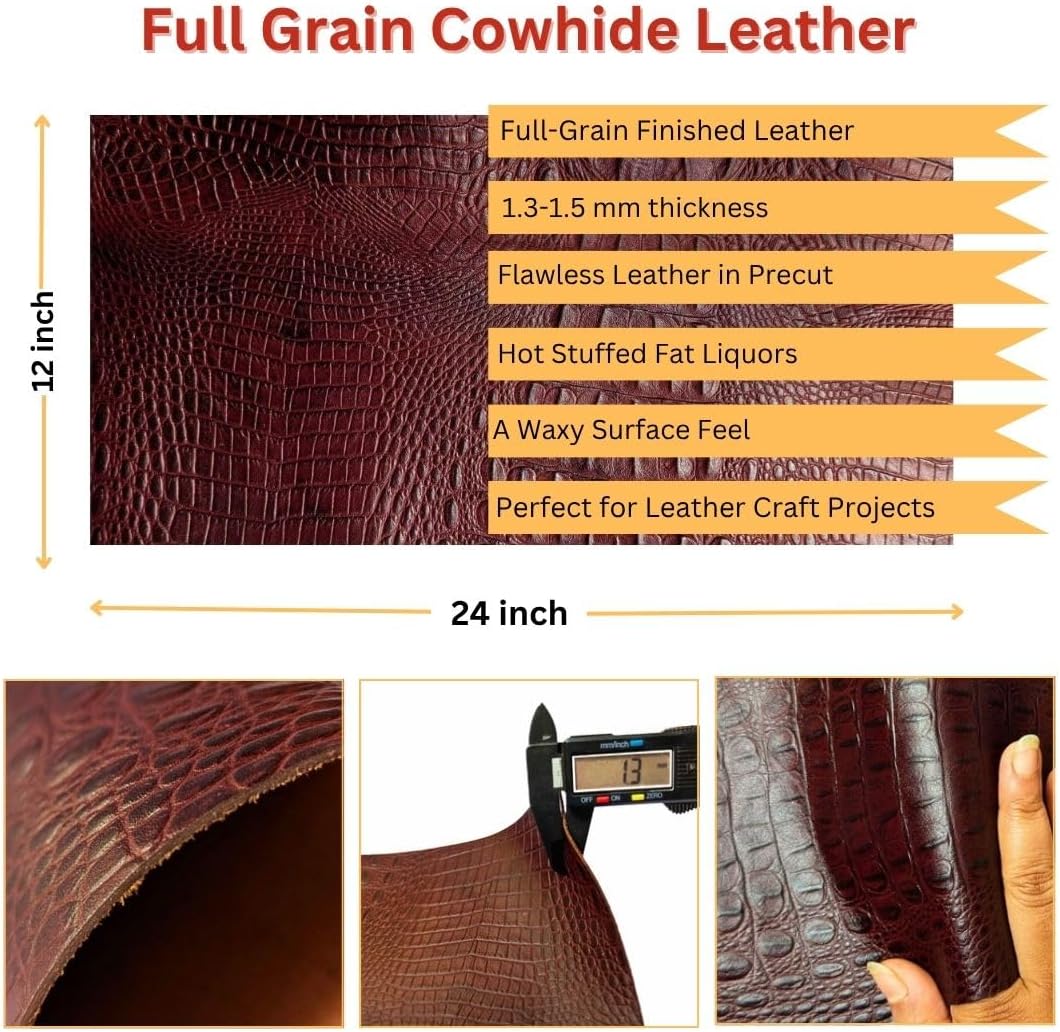 Genuine Leather Hide | 1.3-1.5 mm Thick | Full Grain Leather Sheet & Pieces for LeatherCrafting and Leatherworking Projects by Kozmo (Chocolate - Crocodile Embossed, 12"X24")