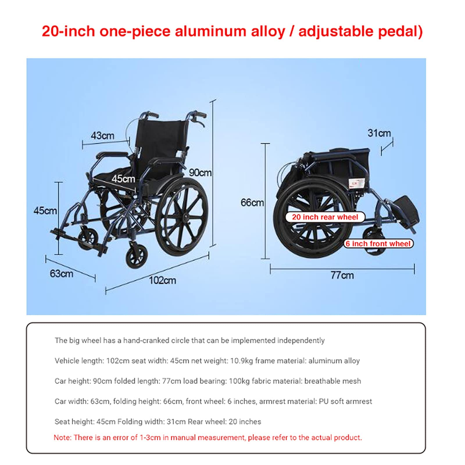 Sillas de ruedas Sillas de ruedas plegables, sillas de ruedas autopropulsadas Silla de ruedas de tránsito plegable de aluminio súper liviana con asiento extra ancho de 20 pulgadas, scooter de movili