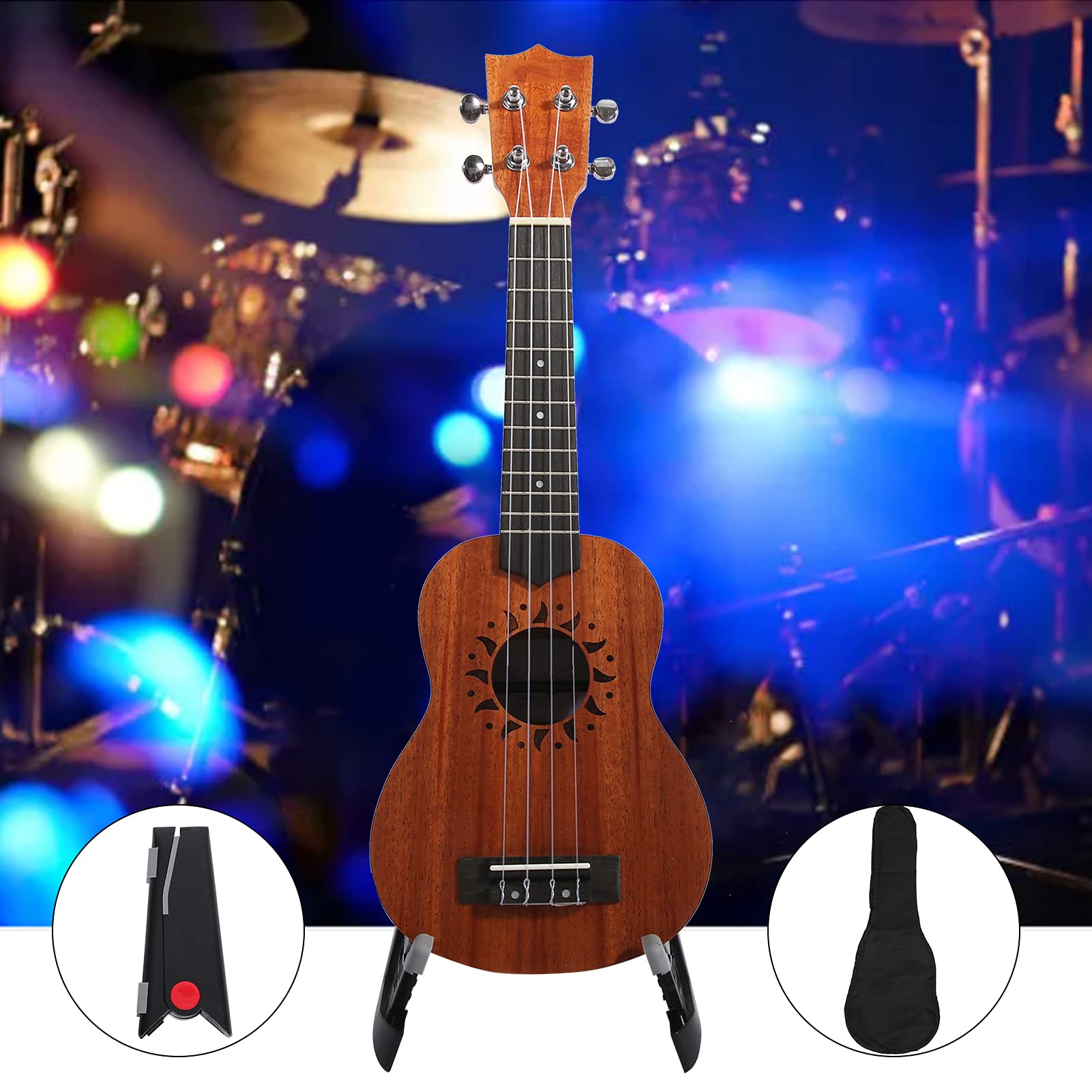 Chitarra in Legno Sapele di Alta qualità a 4 Corde Ukulele da 21 Pollici con Supporto Pieghevole per Principianti, Bambini e Adulti