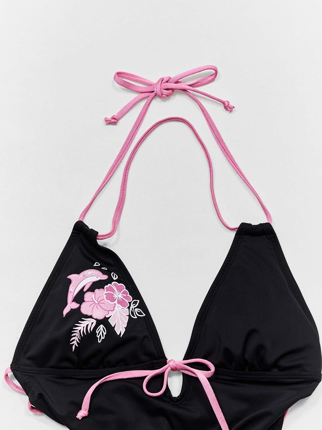 daizbella Women's Bikini Sets Adjustable Spaghetti Straps Y2K Two-Piece Bathing Suit Lace-Up Back Pink Floral Dolphin Print
