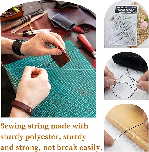 Miniatura 5 de JeogYong Paquete de 3 hilos de poliéster con agujas de cuero, kit de hilo de coser para coser a mano, hilo resistente, hilo de tejido de tapicería