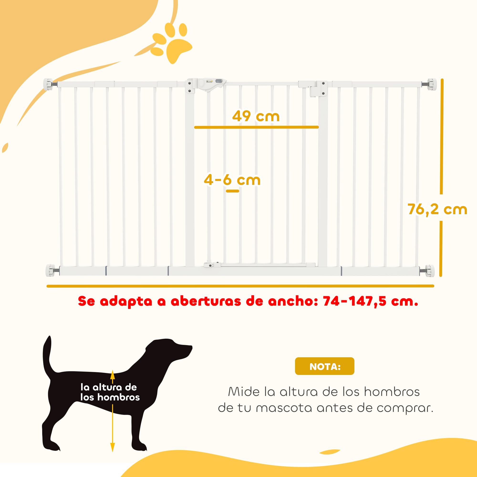 PawHut Barrera de Seguridad para Puertas y Escaleras Barrera para Perros con Cierre Automático y Sistema de Doble Bloqueo Metal 3 Extensiones 17,5/20,3/30,5 cm, 74-147,5x76,2 cm Blanco