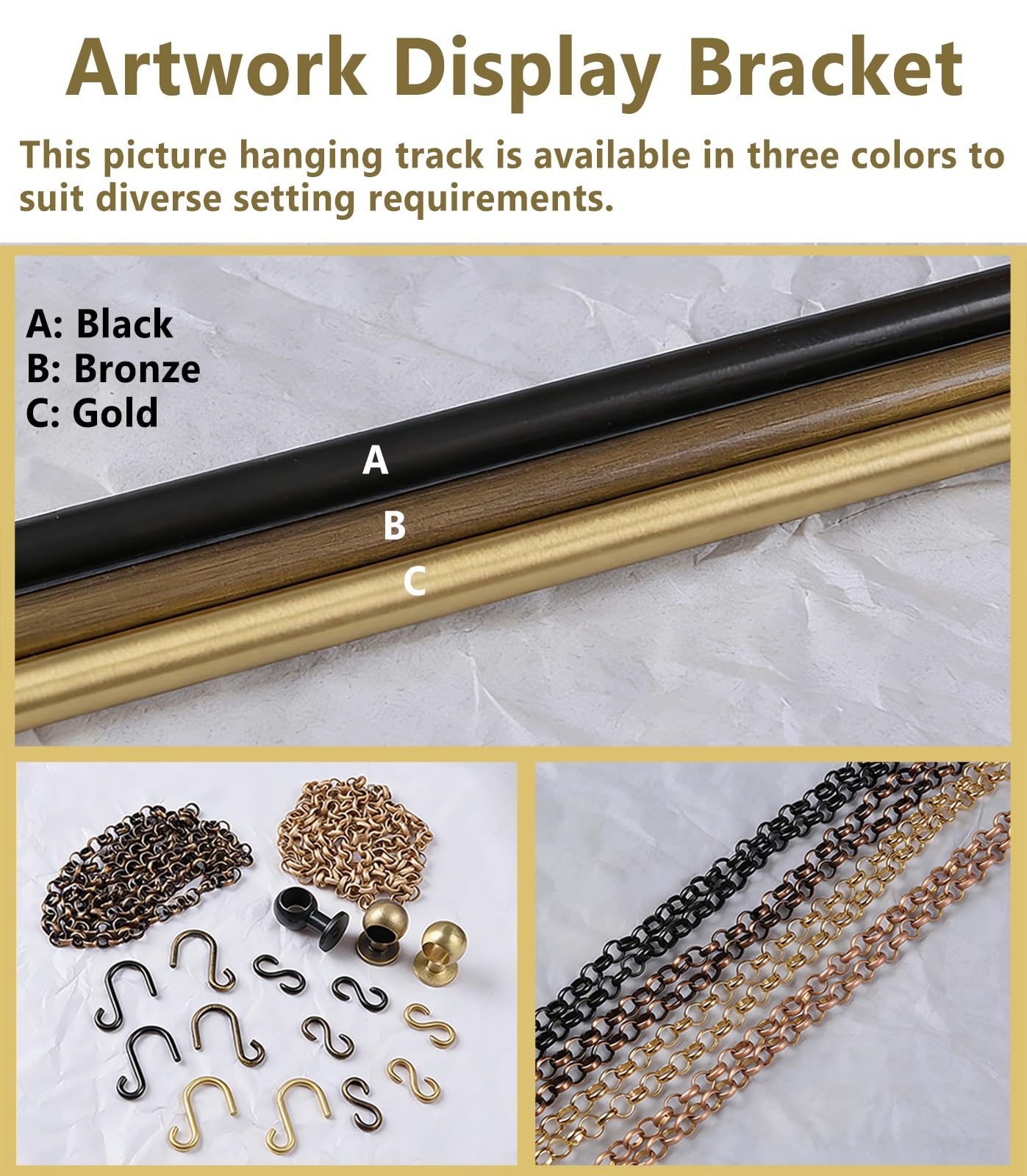 cuelga cuadros Ganchos de riel de cuadros en latón para hogar y oficina, 24" 60" 80", soporte exposición mural con cadenas, set flexible para espejo(Bronze,1.4m(55.1") Rod)