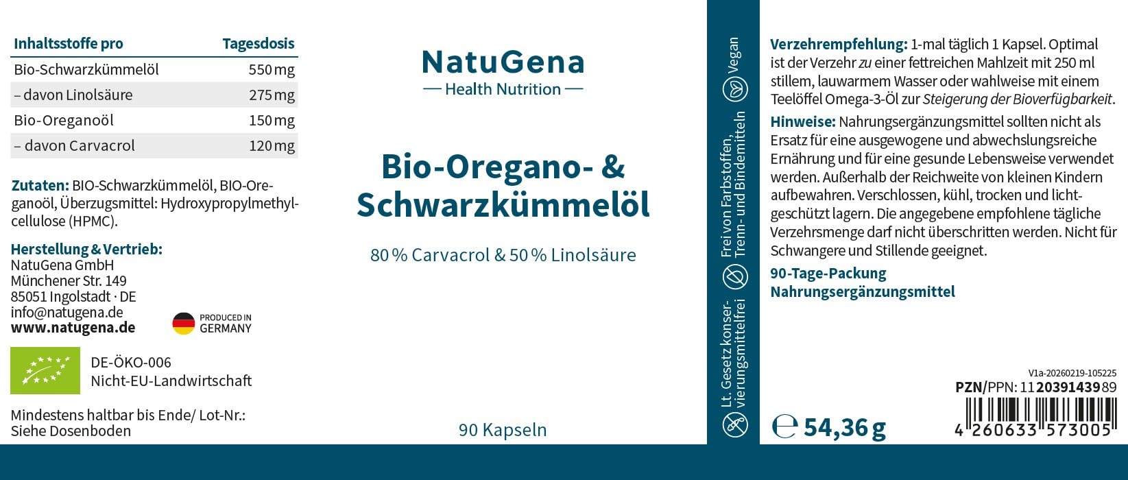 NatuGena Oregano- & Schwarzkümmelöl, 550 mg Schwarzkümmelöl, 150 mg Oreganoöl, 120 mg Carvacrol, vegane Kapseln ohne Gelatine, linolsäurehaltig, 90 Kapseln für 90 Tage