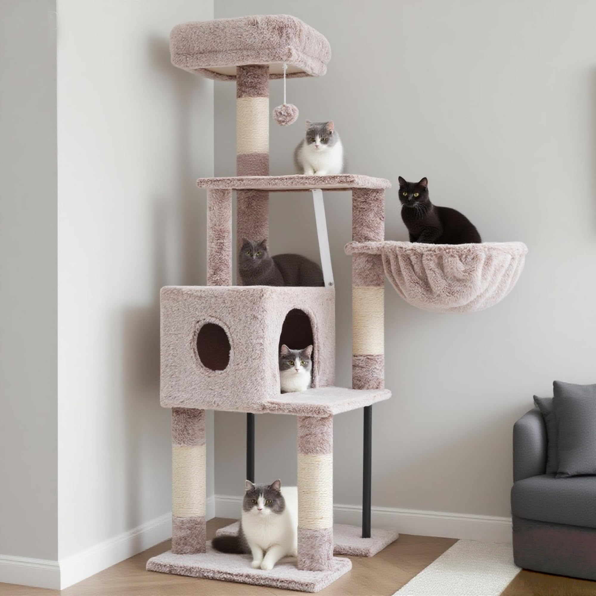 Heybly Arbre À Chat, 125 Cm Petit Arbre avec Niche, Plateforme Douce, Griffoir en Sisal, Panier Et Structure en Acier Robuste, Marron Beige HCT200SMU