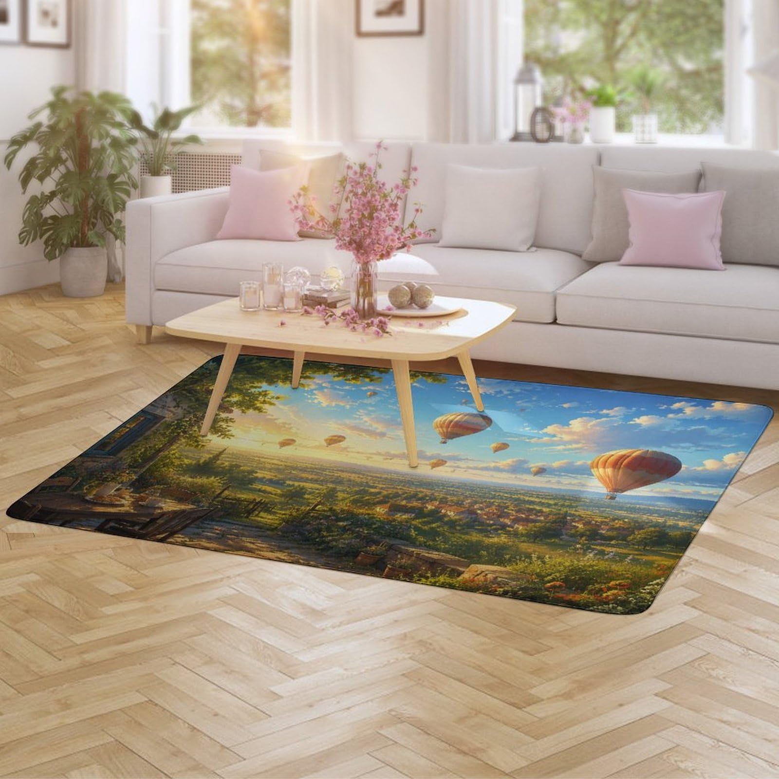 Window View with Hot Air Balloons Tapis 150 x 100 cm, Doux et Antidérapant