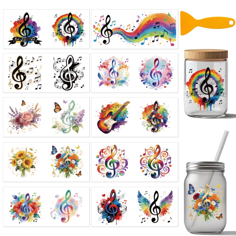 arricraft 10 Sheets Cup Wrap Transfer Stickers, Colorful Artistic Music Themed Patterns Rub on Transfers PVC UV DTF DIY Transfer Paper for Glass Water Bottle Decoration 9.5x4.3 Inches โ image 1