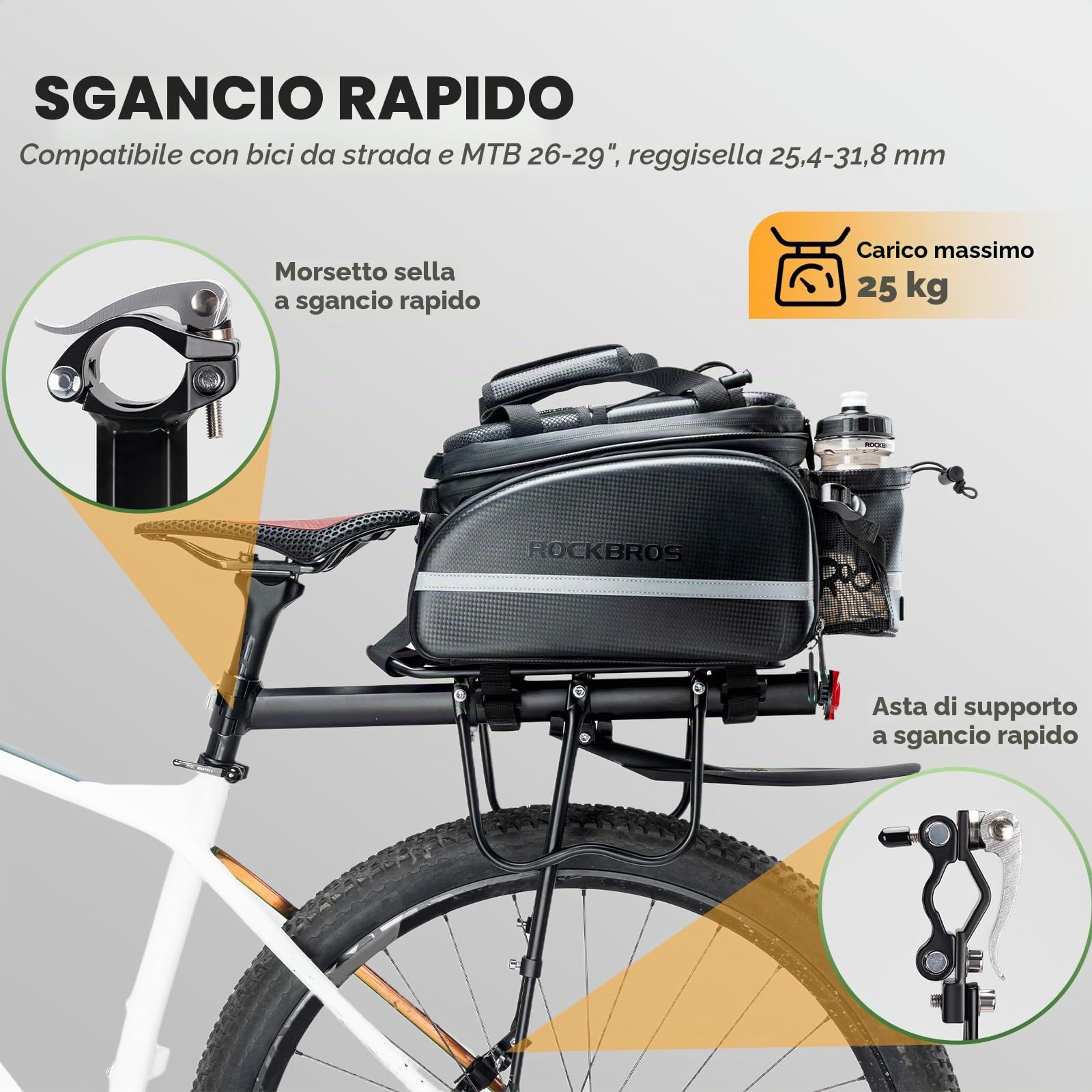 ROCKBROS Portapacchi Bici Alluminio Universle Regolabile per Bici MTB Portapacchi Posteriore Mountain Bike capacità Portata Massima 50kg Carrier Rack con Riflettore 24-29 Pollici