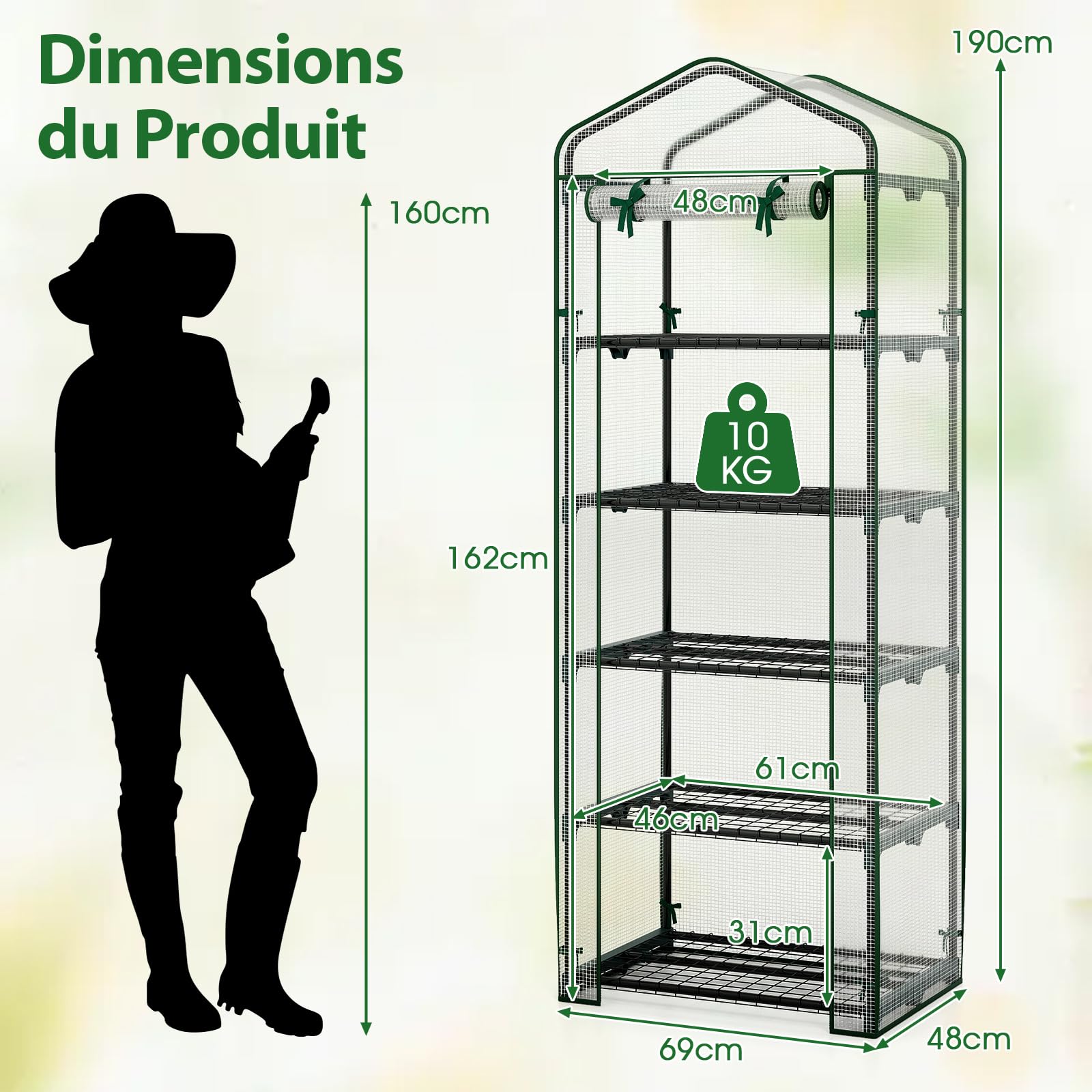 COSTWAY Serre de Jardin avec 5 Étagères, Mini Serre Extérieur avec Housse en PE Porte Enroulable Cadre en Métal Électro-Couvert Antirouille, pour Tomates Plantes, 69 x 48 x 190 cm