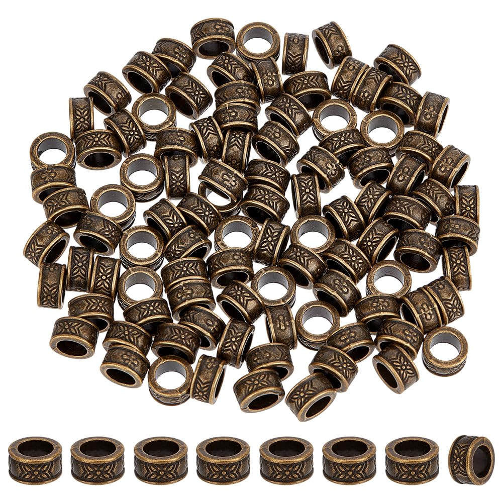 PH PandaHall 100pcs Rondelle Spacer Beads, Large Hole Spacers Hair Beads Tibetan Alloy Antique Bronze European Bead for DIY Crafts Bracelet Necklace Braid Hair Jewellery Making, 8mm, Hole 5mm
