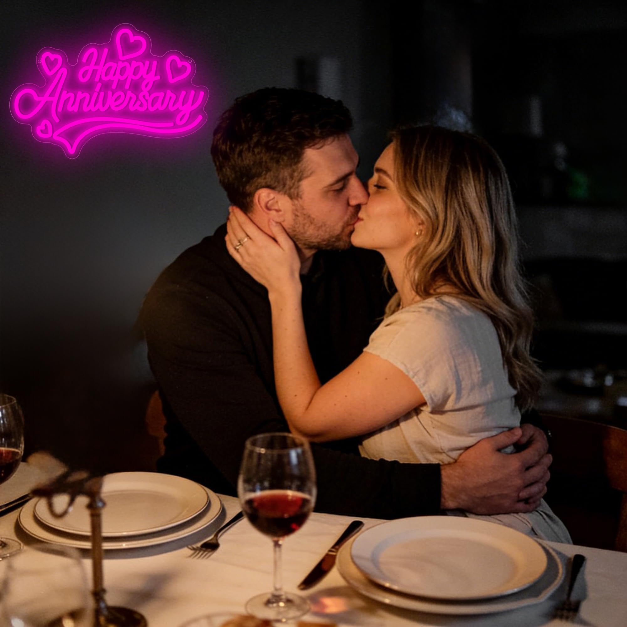 Neonschild mit Aufschrift "Happy Anniversary" für Wanddekoration, rosa LED-Licht, Herzhände, Neonlicht für Schlafzimmer, Mädchenzimmer, Hochzeitstag, Geburtstag, Party, Dekoration, Geschenke für sie
