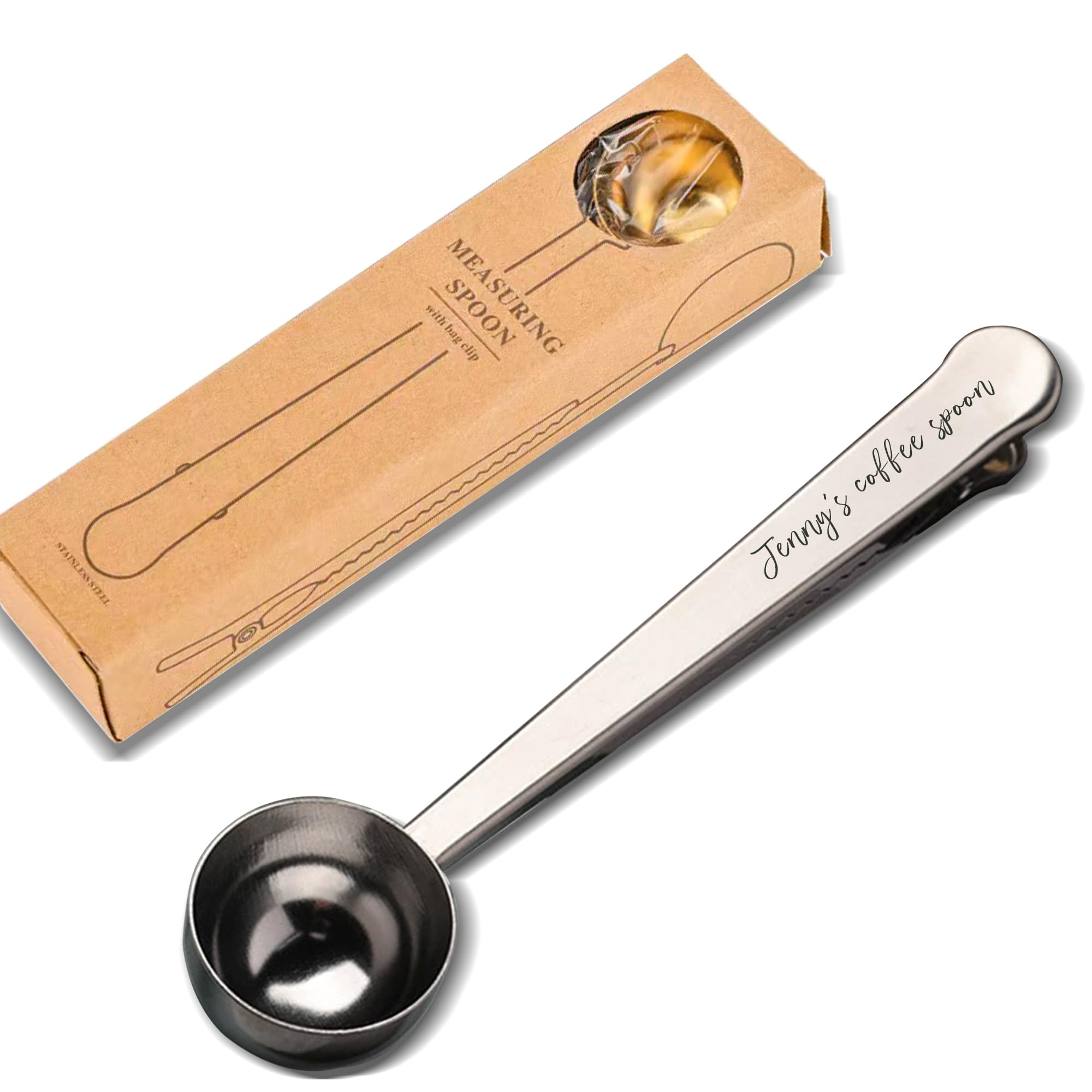 Personalised Engraved Coffee Scoop with Bag Clip,Coffee Spoon Measuring,for Ground Coffee and Beans,Stainless Steel-6.9Inch