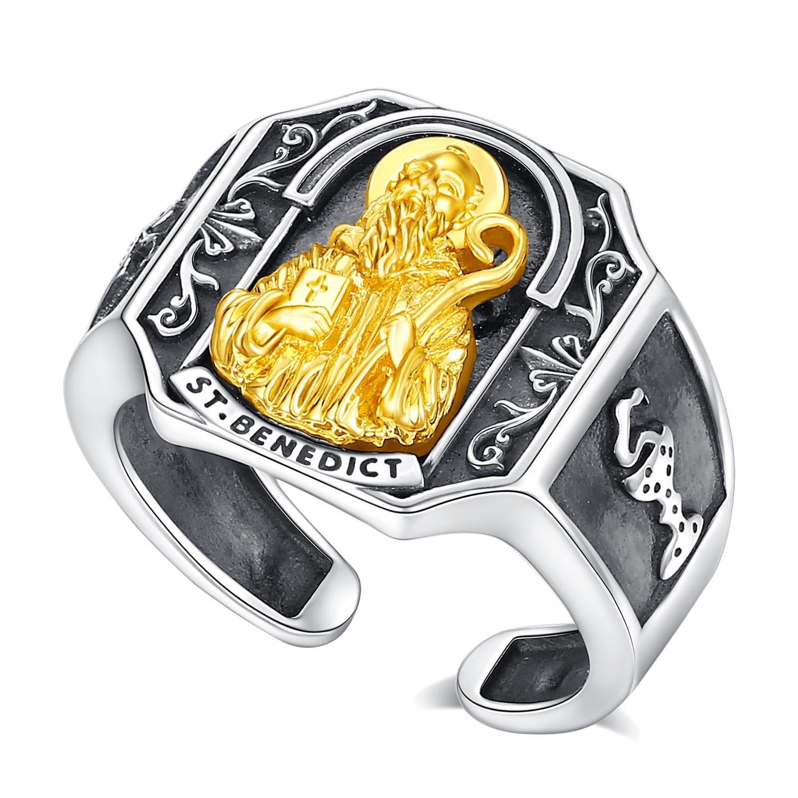 AEONSLOVE Anillo Cruz de San Benito/San Miguel Arcangel Plata de Ley 925 para Hombre Mujer, Anillos Crucifijo Jesus/Cristóbal/Judas, Anillo Abierto Ajustable de Pulgar Joyeria Religiosas