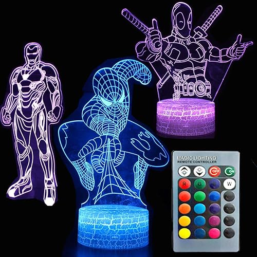 Lámpara de escritorio de mesa táctil con luz nocturna 3D, súper héroe, tres patrones, 7 colores, luces de ilusión óptica con acrílico plano y base