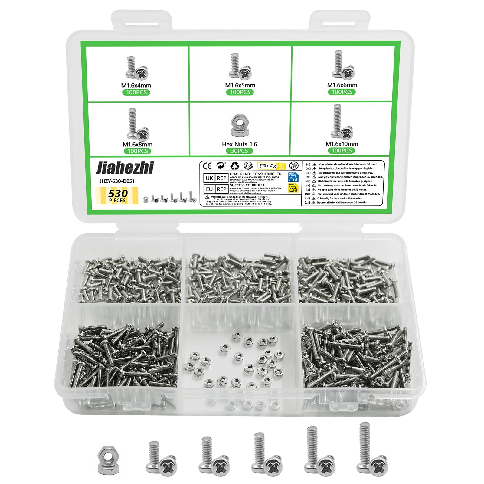 530 Pcs M1.6 Metric Micro Screws & Nuts Assortment, 304 Stainless Steel Phillips Pan Head Fully Threaded Kit for Arduino, RC Models, Electronics, DIY Projects - High Quality Fasteners
