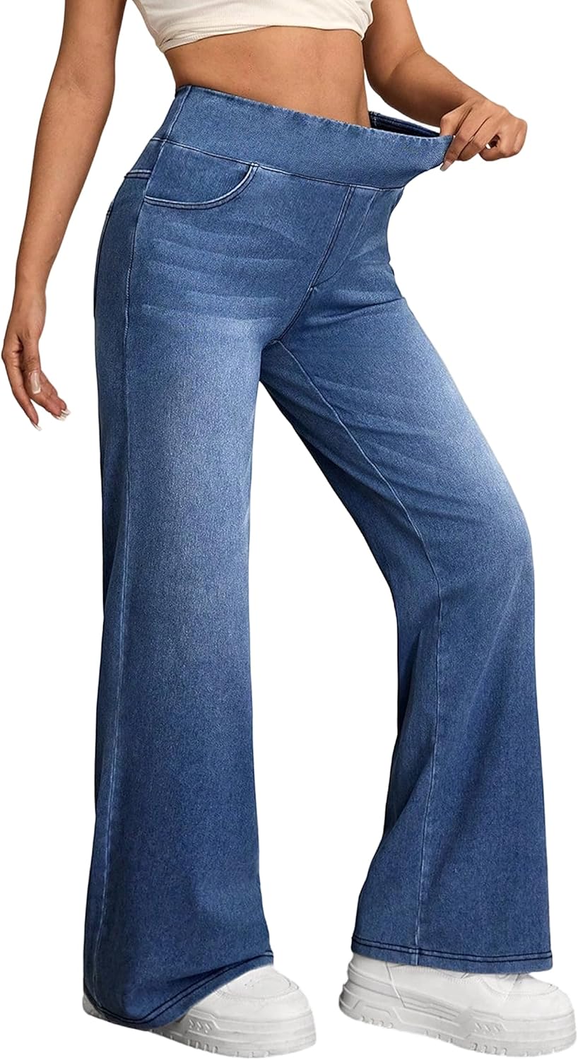 IWD Wide Leg Jeans for Women High Waisted Stretchy Trendy Pull On Jeans Straight Baggy Loose Casual Denim Pants