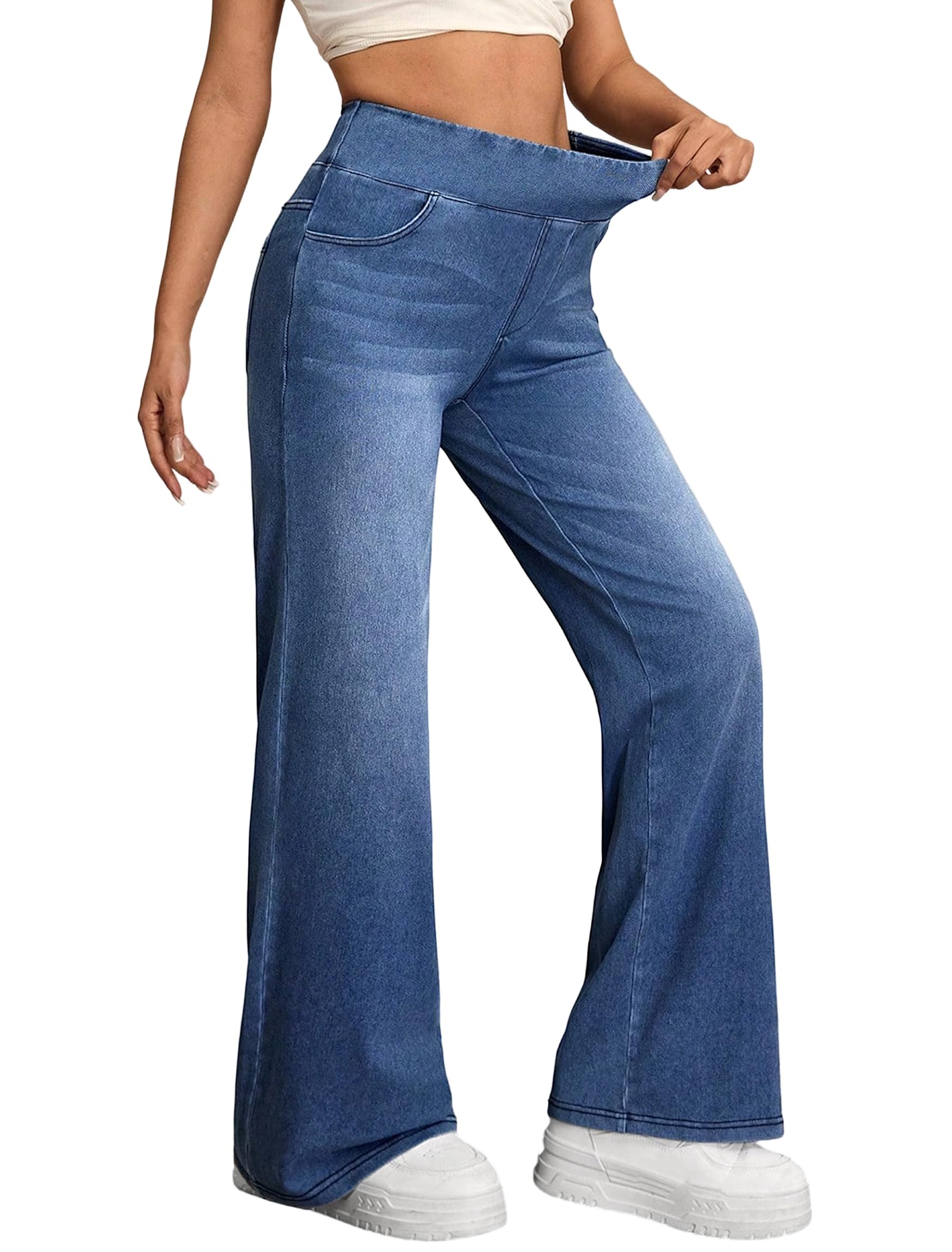 IWD Wide Leg Jeans for Women High Waisted Stretchy Trendy Pull On Jeans Straight Baggy Loose Casual Denim Pants